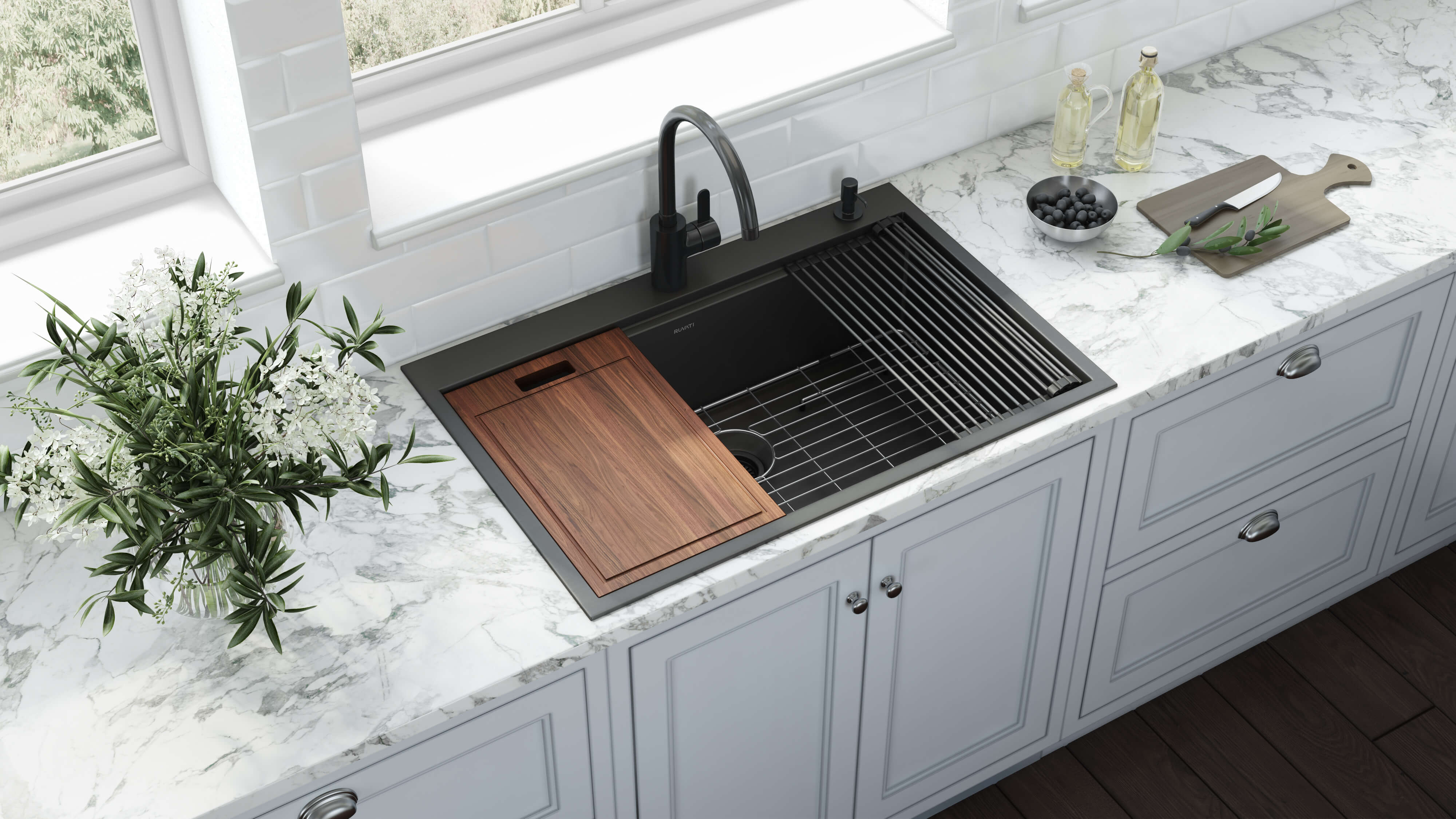 Alternate Image for Ruvati Giana 33" Drop-in Topmount Stainless Steel Workstation Kitchen Sink, Gunmetal Matte Black, 16 Gauge, RVH5003BL