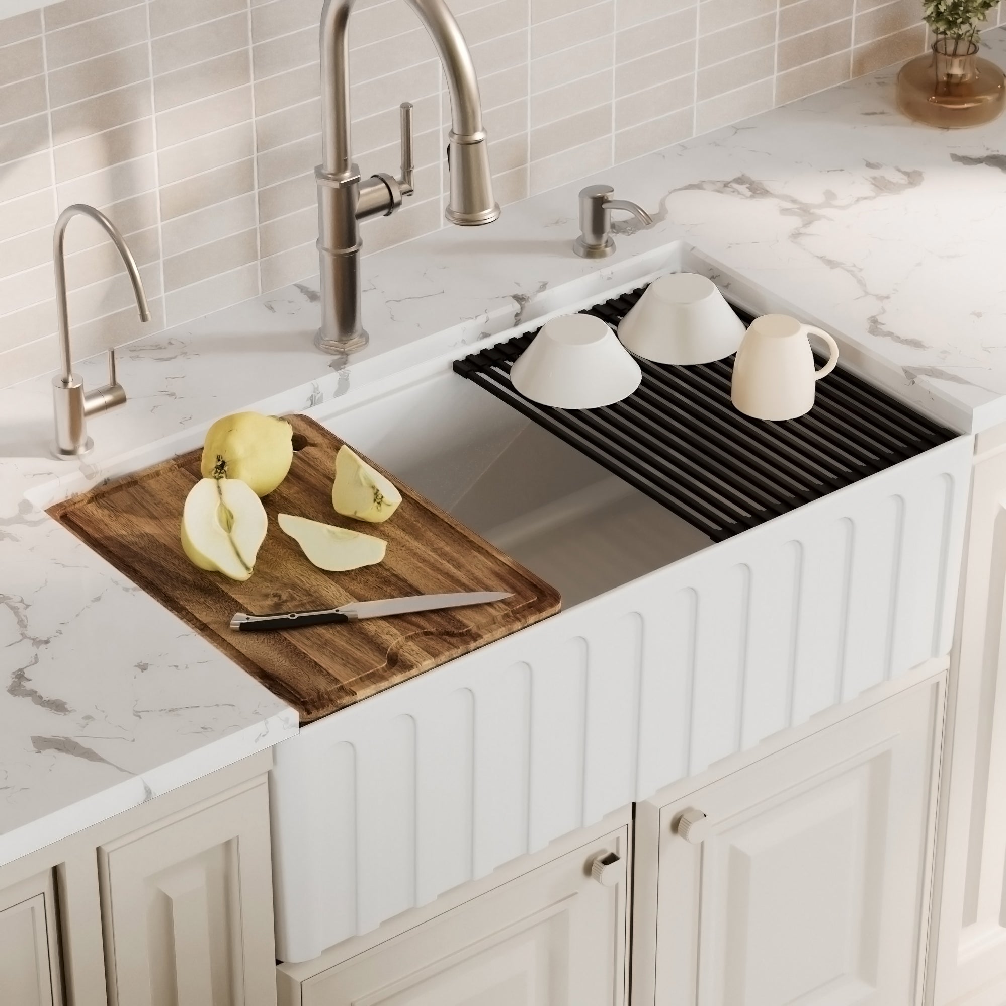 Alternative View of Karran Fireclay 33" Fireclay Workstation Farmhouse Sink with Accessories, White, FCWSF33SBWH-PK1