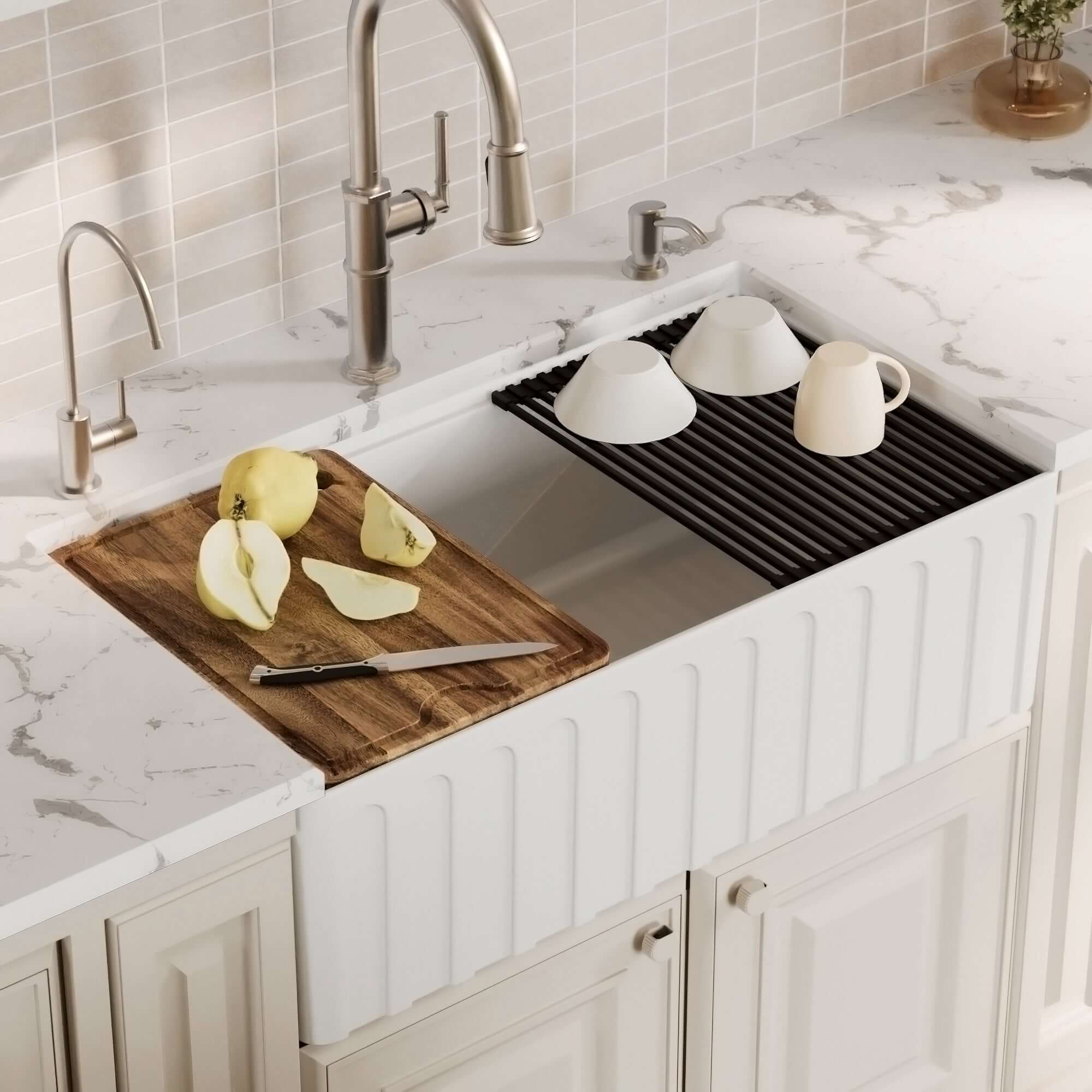 Alternative View of Karran Fireclay 33" Fireclay Workstation Farmhouse Sink with Accessories, White, FCWSF33SBWH-PK1
