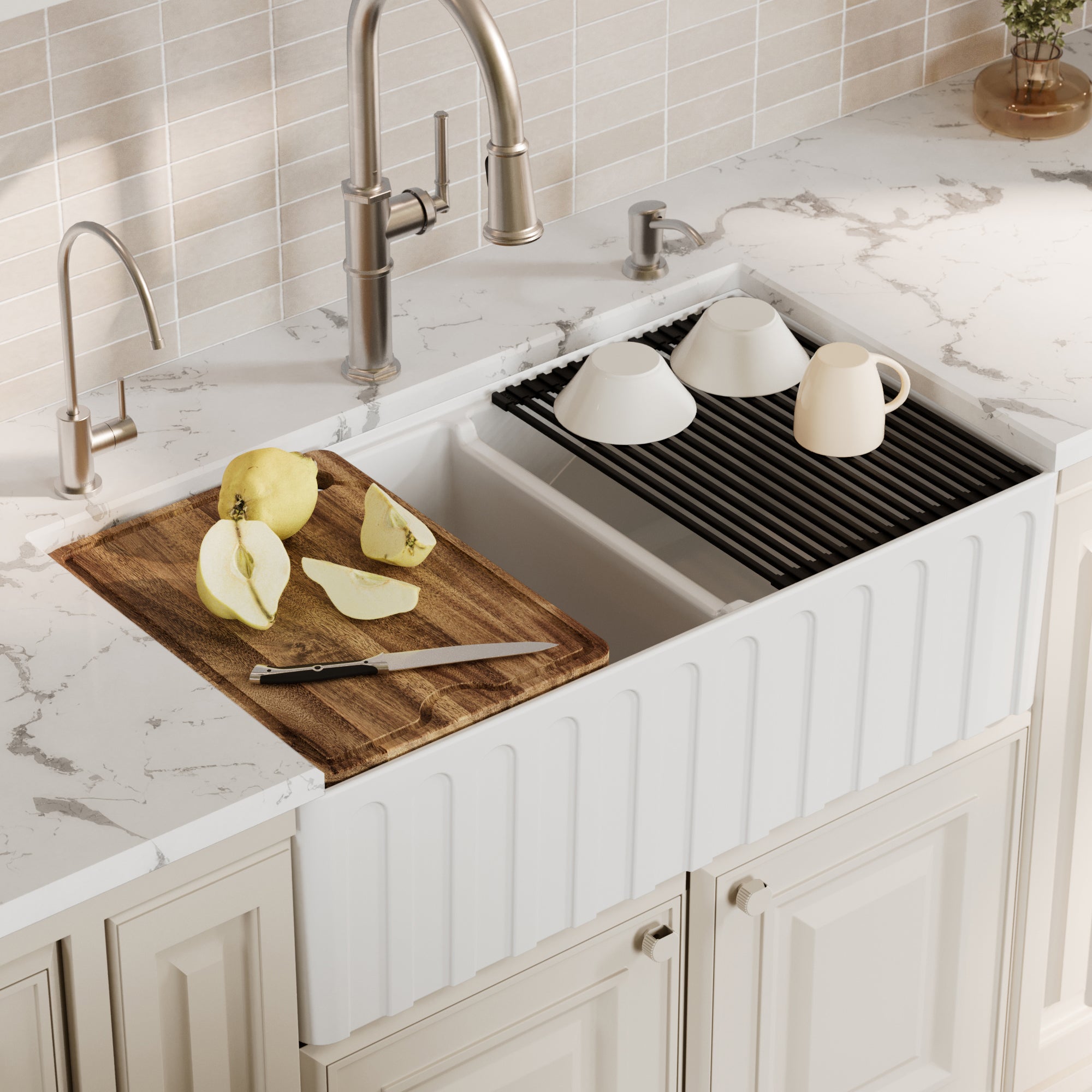 Alternative View of Karran Fireclay 33" Fireclay Workstation Farmhouse Sink with Accessories, 60/40 Double Bowl, White, FCWSF33DBWH-PK1