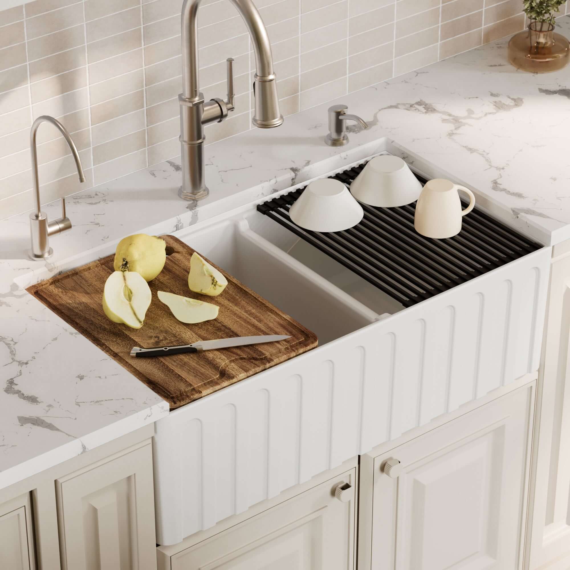 Alternative View of Karran Fireclay 33" Fireclay Workstation Farmhouse Sink with Accessories, 60/40 Double Bowl, White, FCWSF33DBWH-PK1
