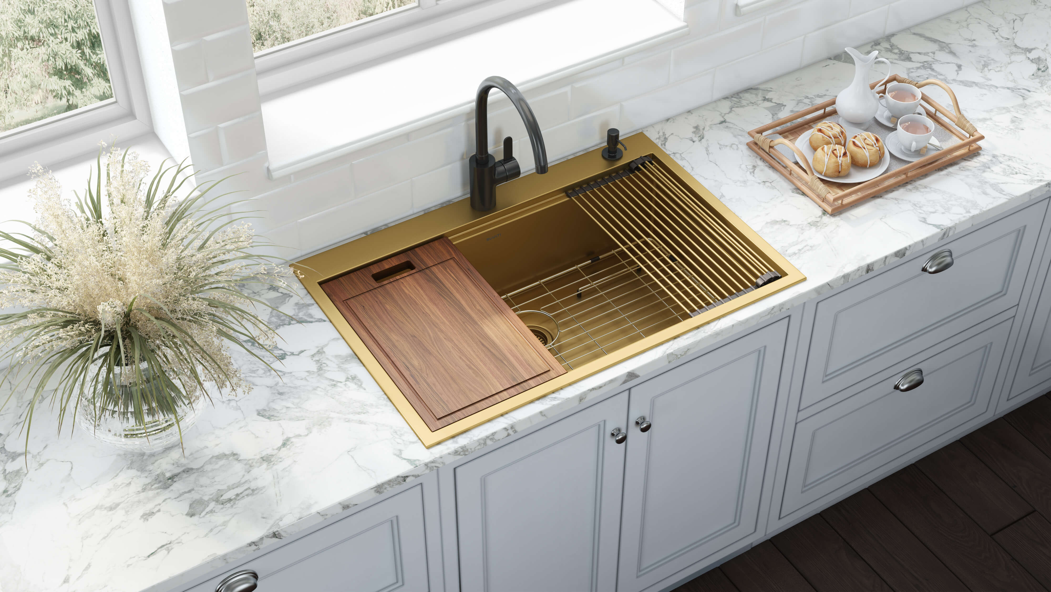 Alternate Image for Ruvati Giana 33" Drop-in Topmount Stainless Steel Workstation Kitchen Sink, Matte Gold Brass Tone, 16 Gauge, RVH5003GG