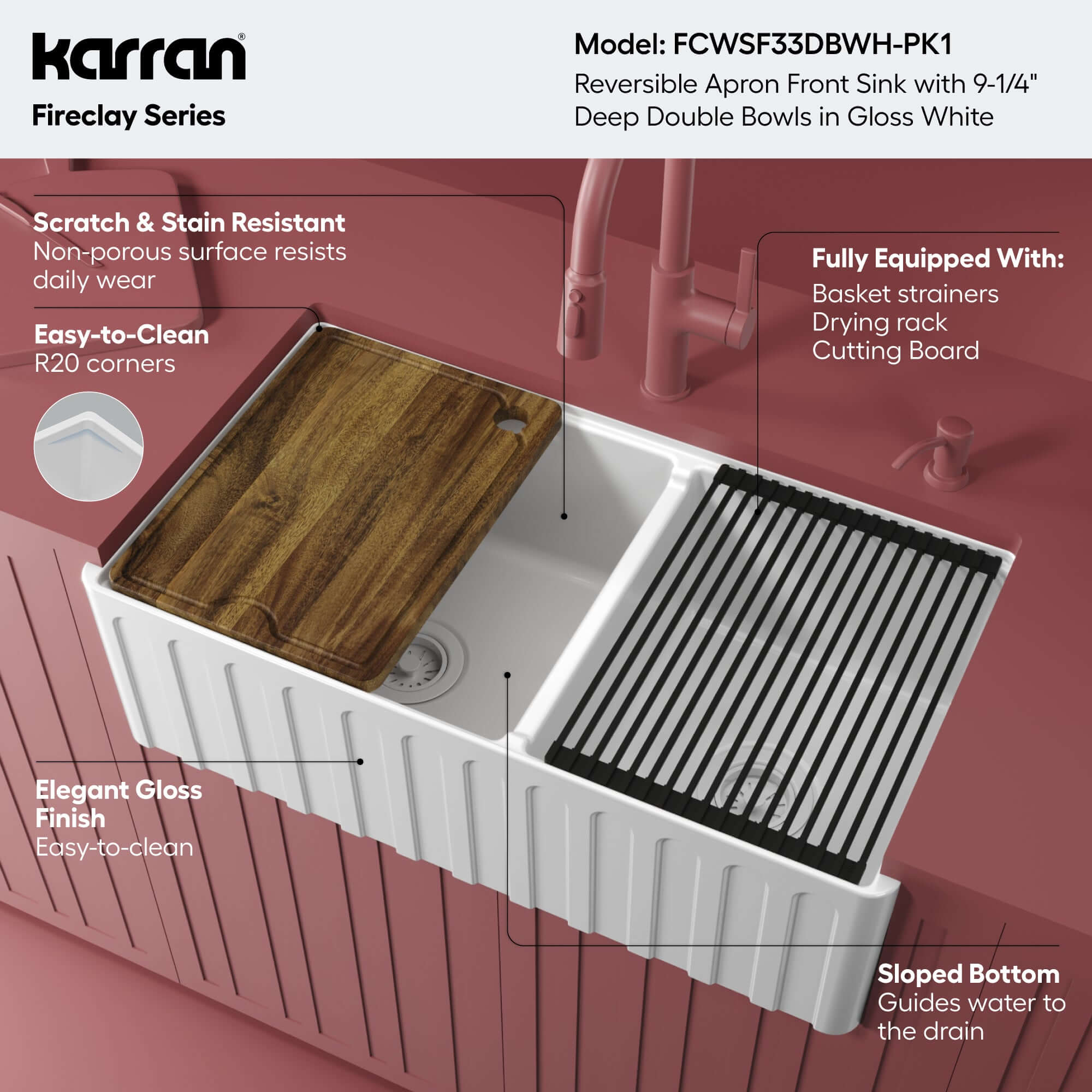 Alternative View of Karran Fireclay 33" Fireclay Workstation Farmhouse Sink with Accessories, 60/40 Double Bowl, White, FCWSF33DBWH-PK1