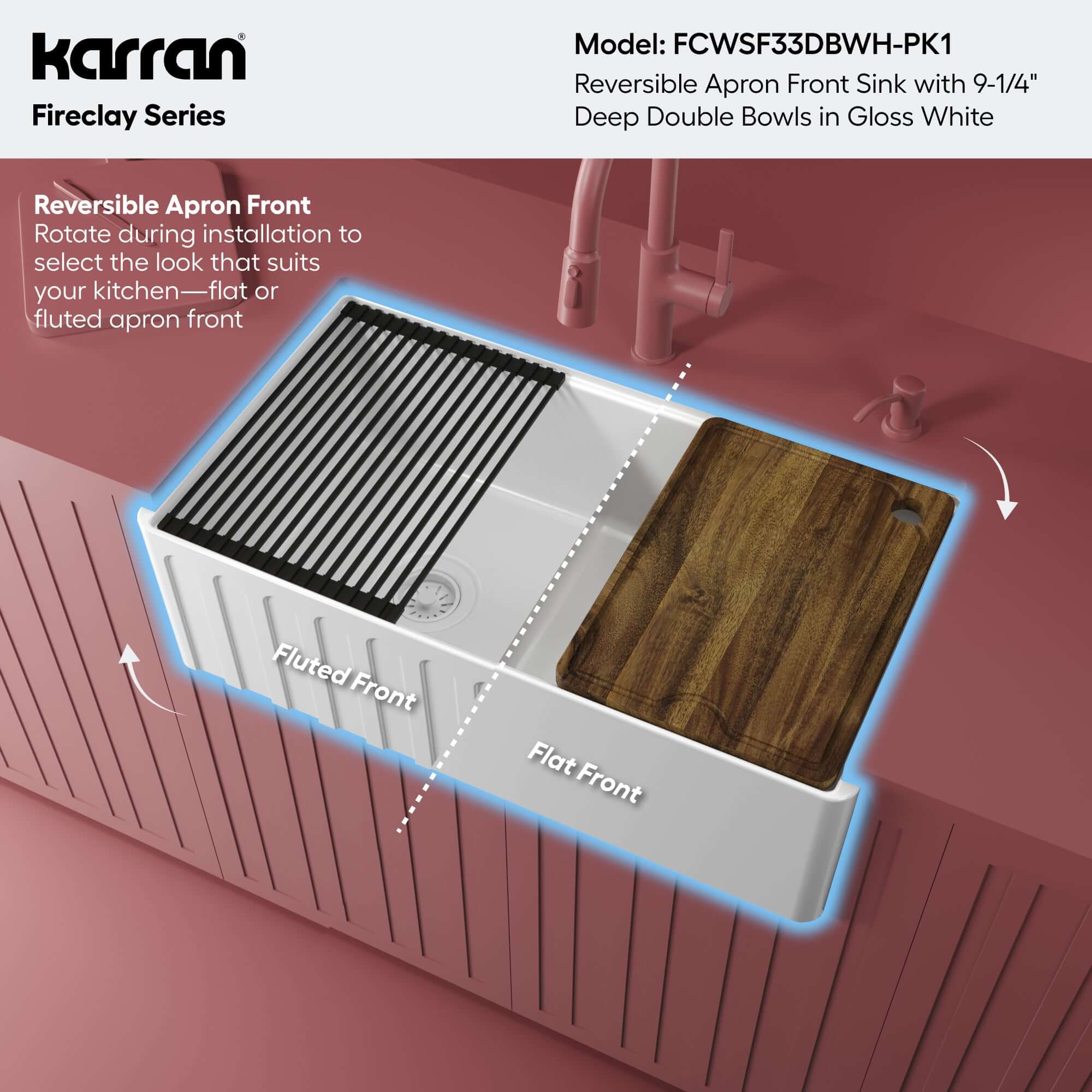Alternative View of Karran Fireclay 33" Fireclay Workstation Farmhouse Sink with Accessories, 60/40 Double Bowl, White, FCWSF33DBWH-PK1