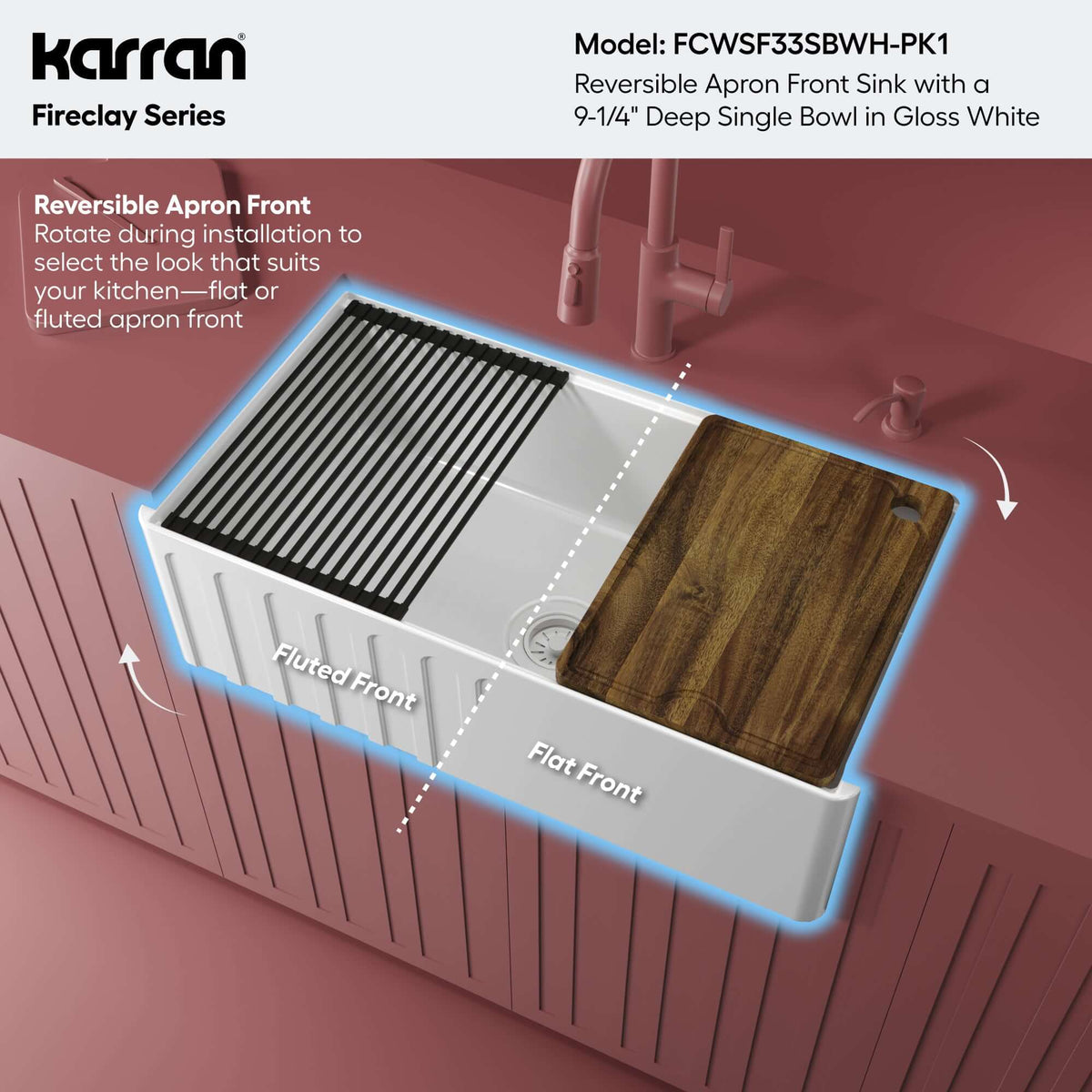 Alternative View of Karran Fireclay 33" Fireclay Workstation Farmhouse Sink with Accessories, White, FCWSF33SBWH-PK1