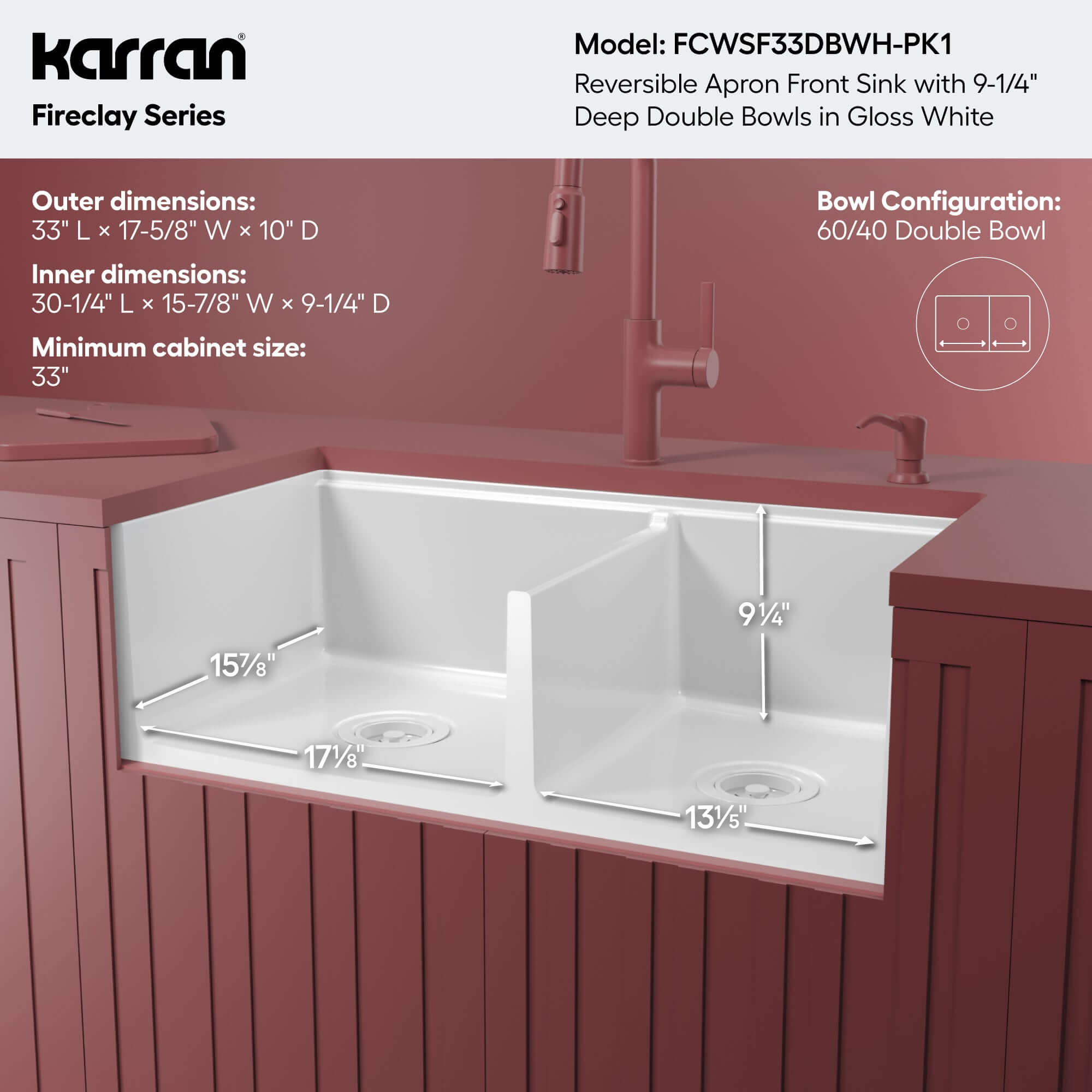 Alternative View of Karran Fireclay 33" Fireclay Workstation Farmhouse Sink with Accessories, 60/40 Double Bowl, White, FCWSF33DBWH-PK1