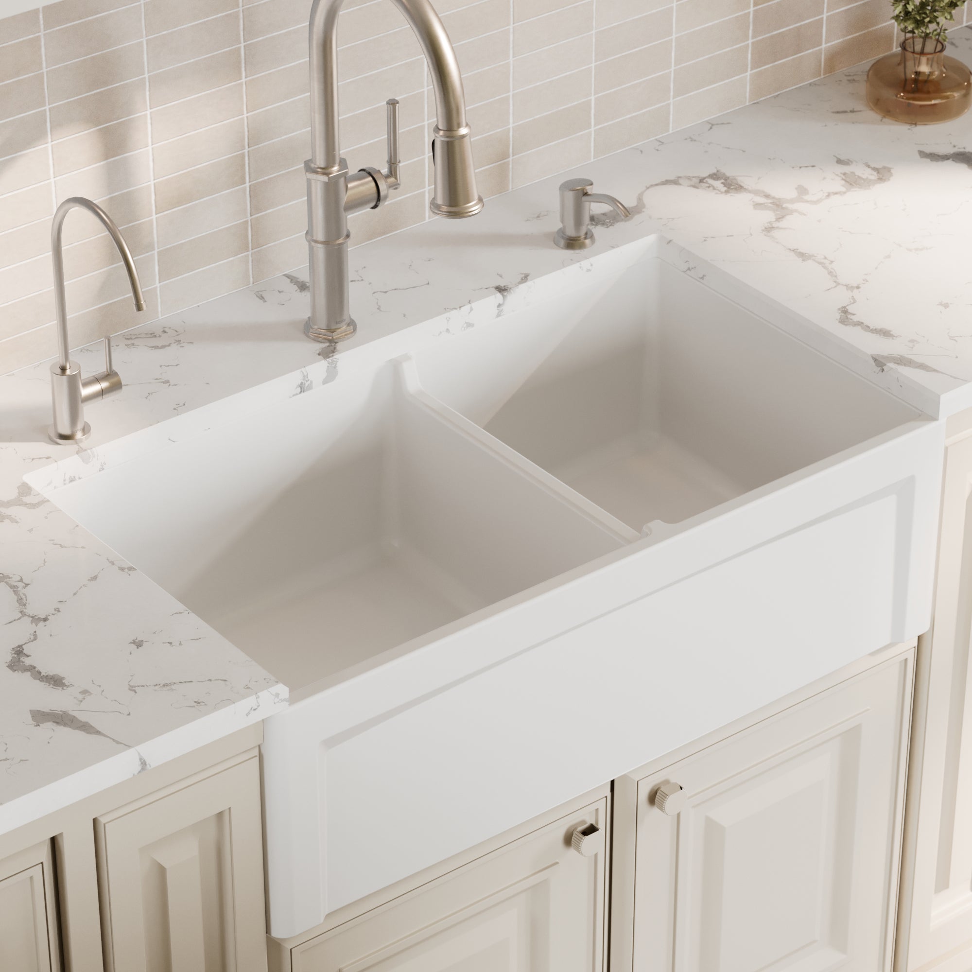 Alternative View of Karran Fireclay 33" Fireclay Farmhouse Sink with Accessories, 60/40 Double Bowl, White, FCP33DBWH