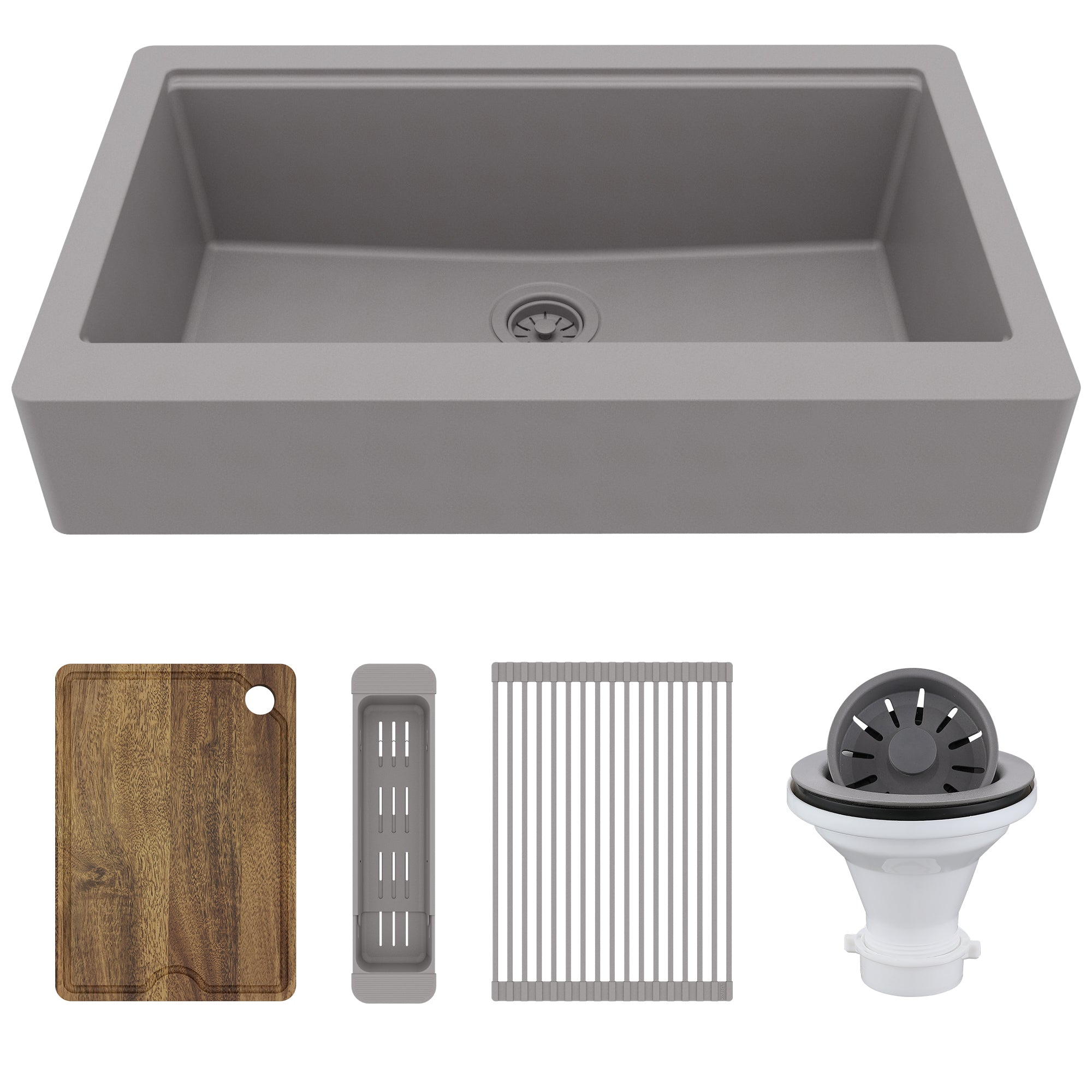 Karran 34" Quartz Composite Retrofit Workstation Farmhouse Sink, Grey, QARWS-740-GR-PK2