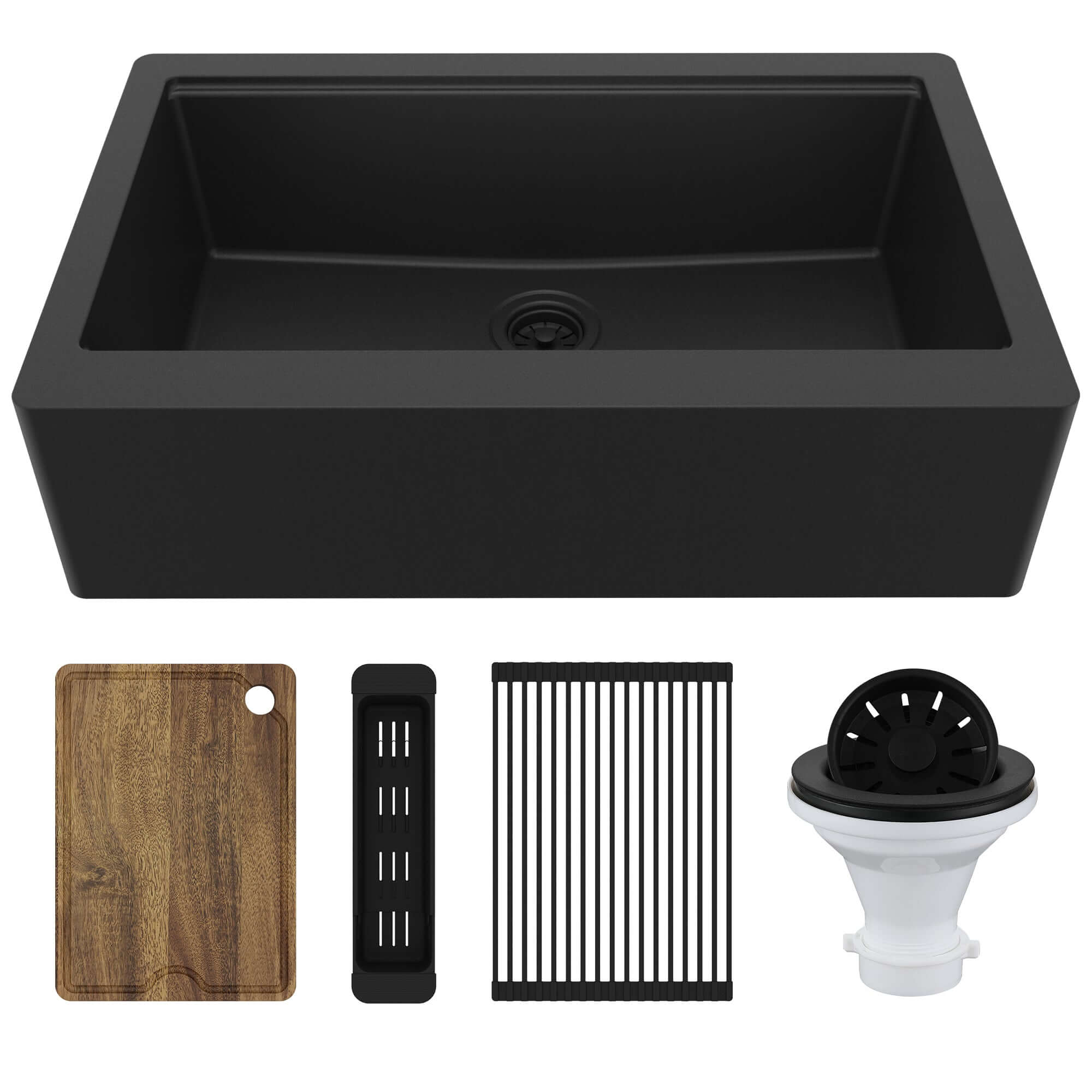 Karran 34" Quartz Composite Workstation Farmhouse Sink, Black, QAWS-740-BL-PK2
