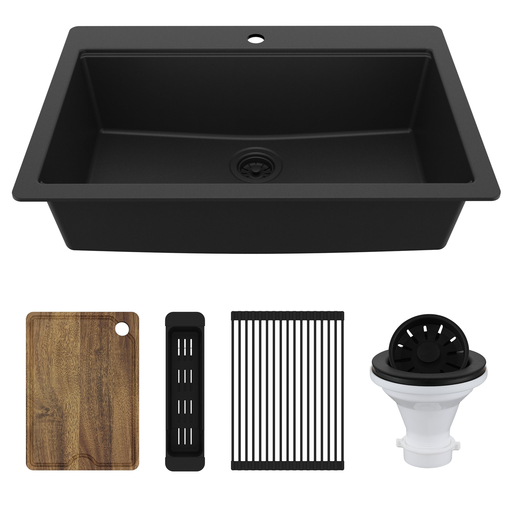 Karran 33" Drop In Quartz Composite Workstation Kitchen Sink, Black, QTWS-875-BL-PK2