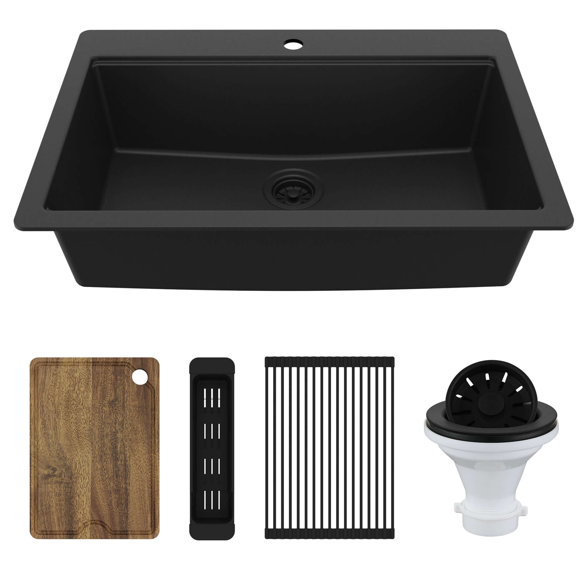Karran 33" Drop In Quartz Composite Workstation Kitchen Sink, Black, QTWS-875-BL-PK2