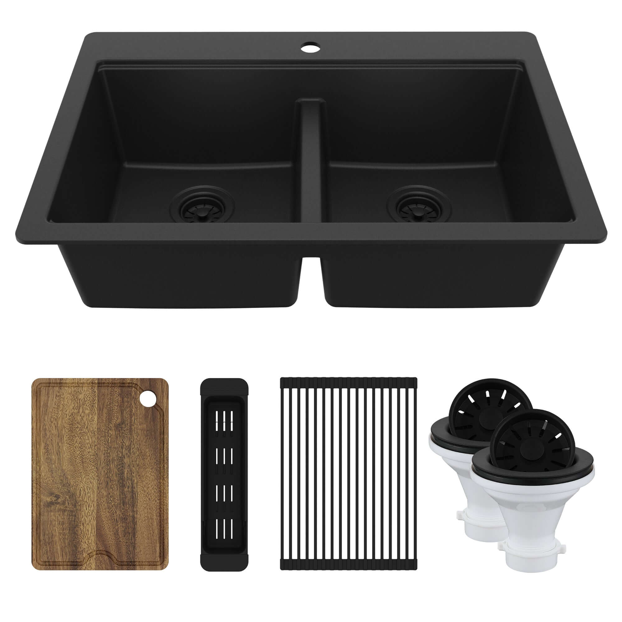 Karran 33" Drop In Quartz Composite Workstation Kitchen Sink, 50/50 Double Bowl, Black, QTWS-880-BL-PK2
