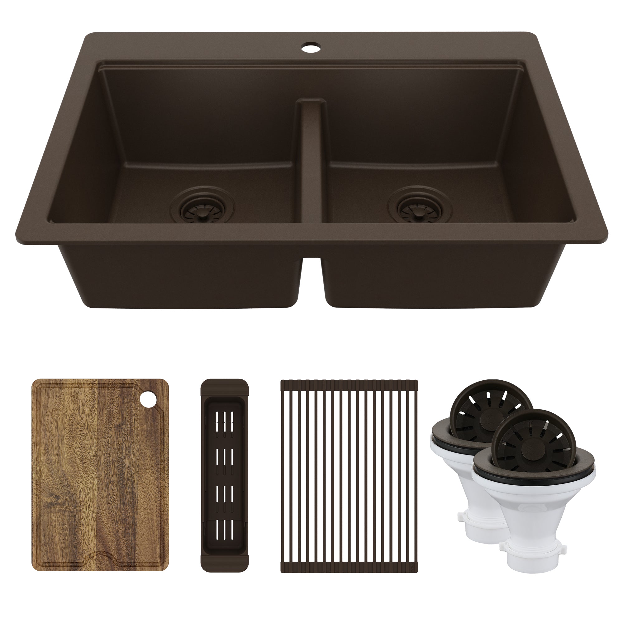 Karran 33" Drop In Quartz Composite Workstation Kitchen Sink, 50/50 Double Bowl, Brown, QTWS-880-BR-PK2