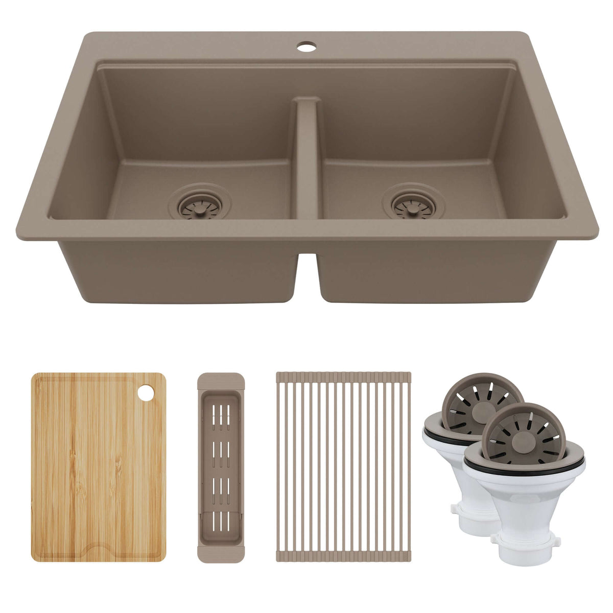 Karran 33" Drop In Quartz Composite Workstation Kitchen Sink, 50/50 Double Bowl, Concrete, QTWS-880-CN-PK2