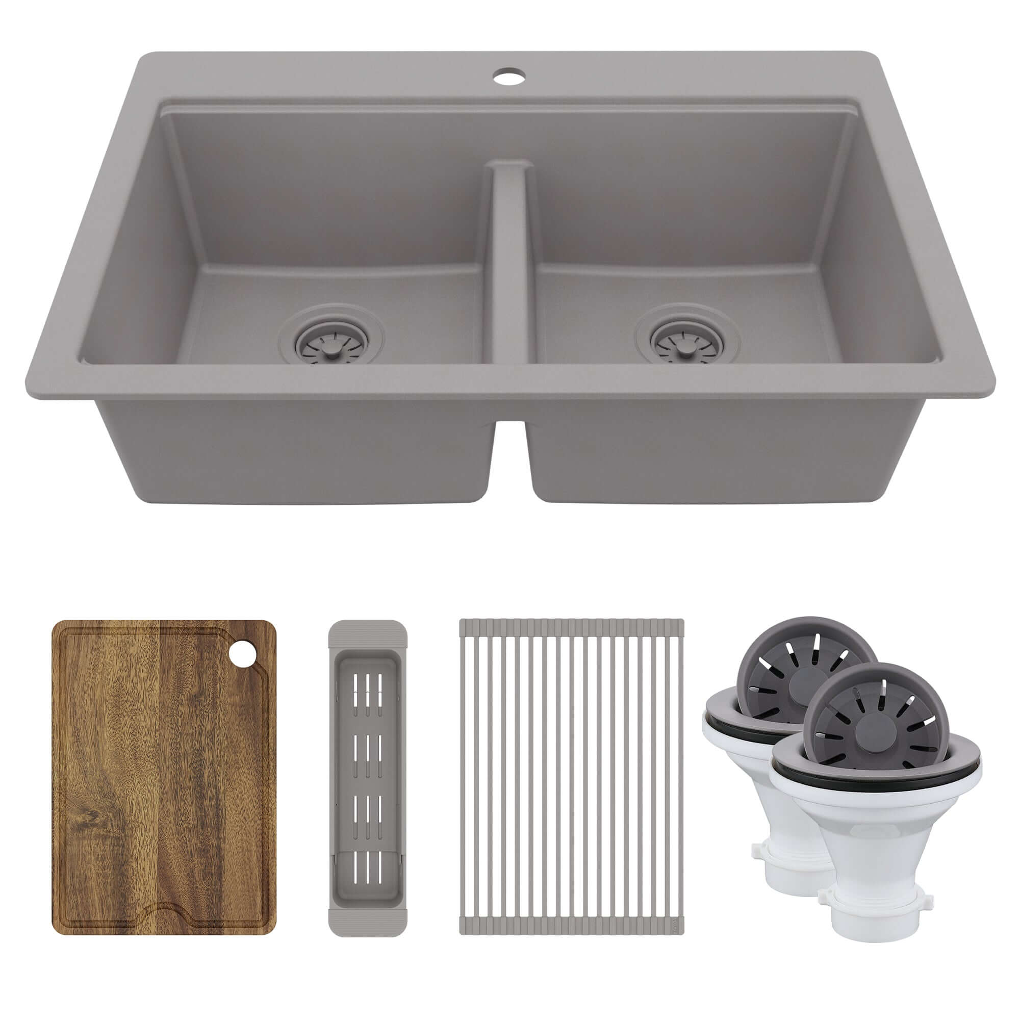 Karran 33" Drop In Quartz Composite Workstation Kitchen Sink, 50/50 Double Bowl, Grey, QTWS-880-GR-PK2