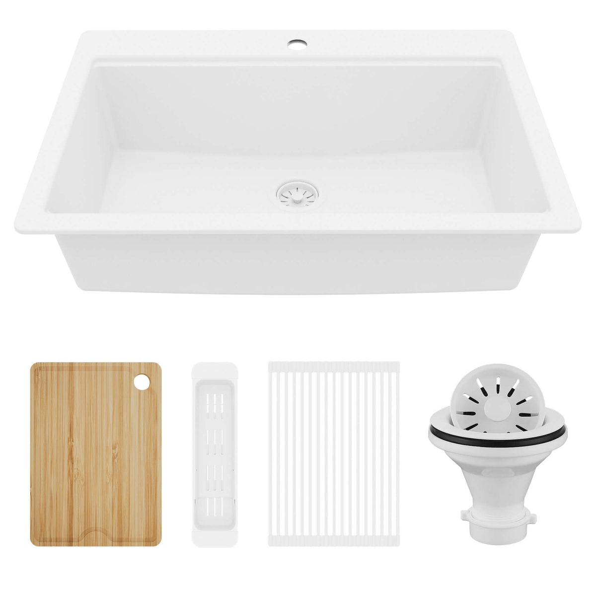 Karran 33" Drop In Quartz Composite Workstation Kitchen Sink, White, QTWS-875-WH-PK2