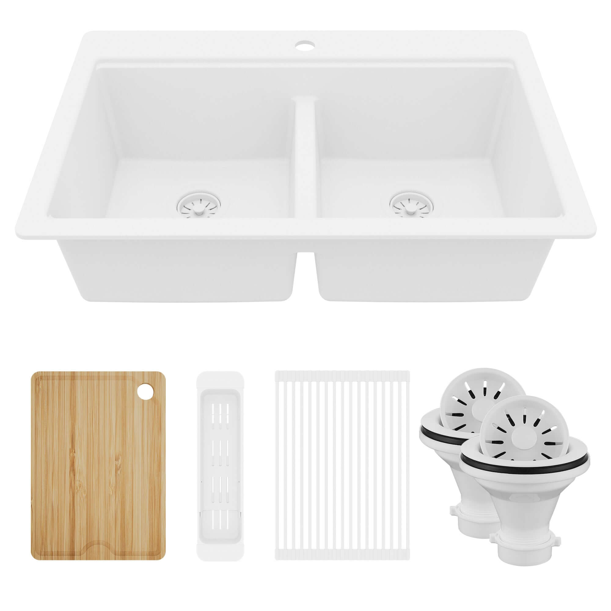 Karran 33" Drop In Quartz Composite Workstation Kitchen Sink, 50/50 Double Bowl, White, QTWS-880-WH-PK2