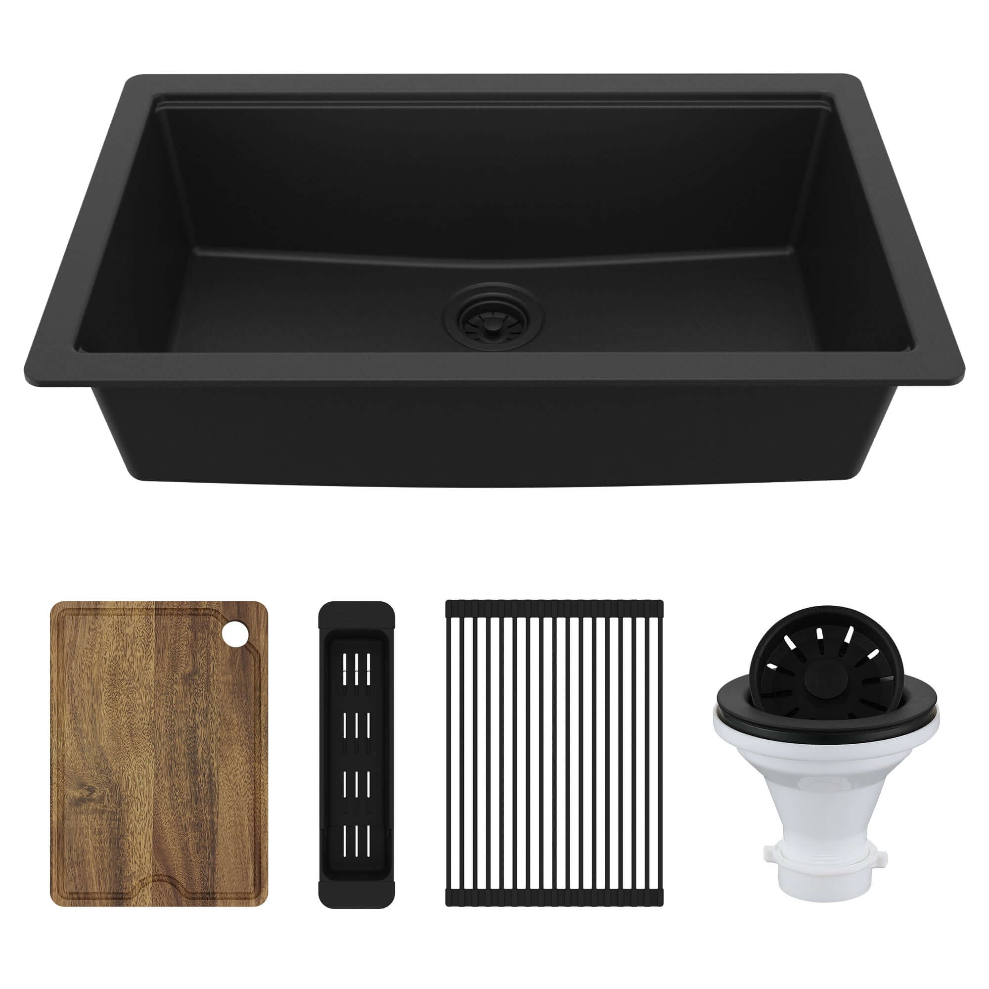 Karran 32" Undermount Quartz Composite Workstation Kitchen Sink, Black, QUWS-875-BL-PK2