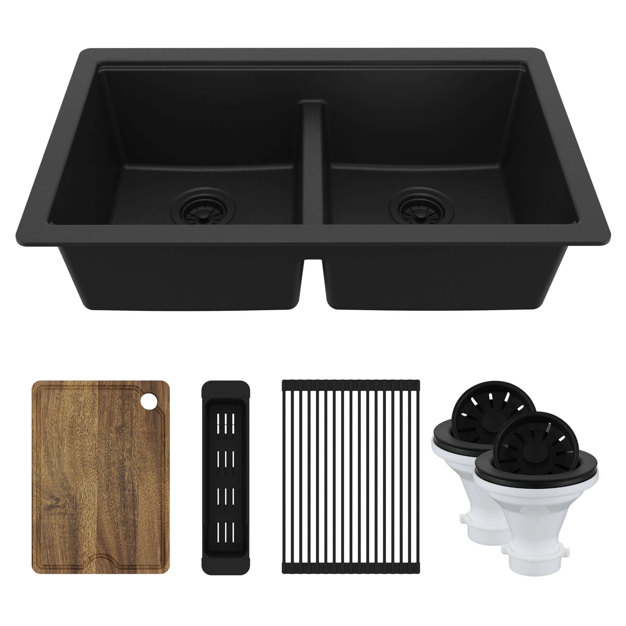 Karran 32" Undermount Quartz Composite Workstation Kitchen Sink, 50/50 Double Bowl, Black, QUWS-880-BL-PK2