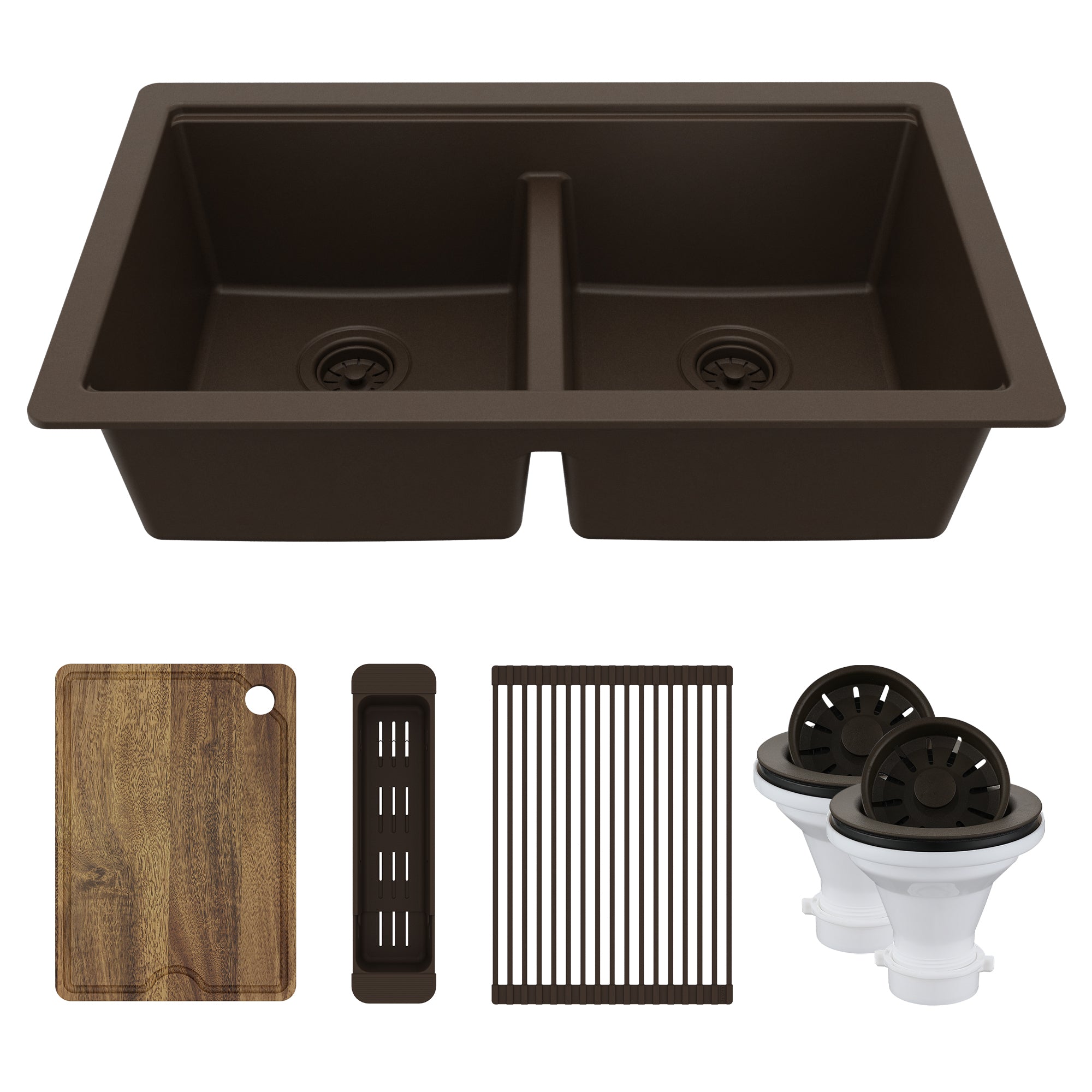 Karran 32" Undermount Quartz Composite Workstation Kitchen Sink, 50/50 Double Bowl, Brown, QUWS-880-BR-PK2