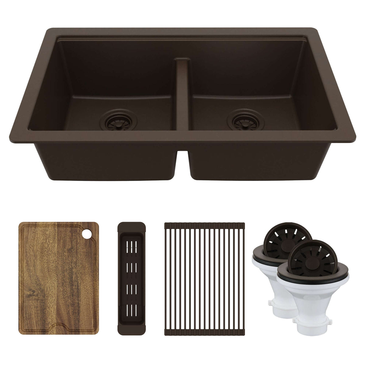 Karran 32" Undermount Quartz Composite Workstation Kitchen Sink, 50/50 Double Bowl, Brown, QUWS-880-BR-PK2