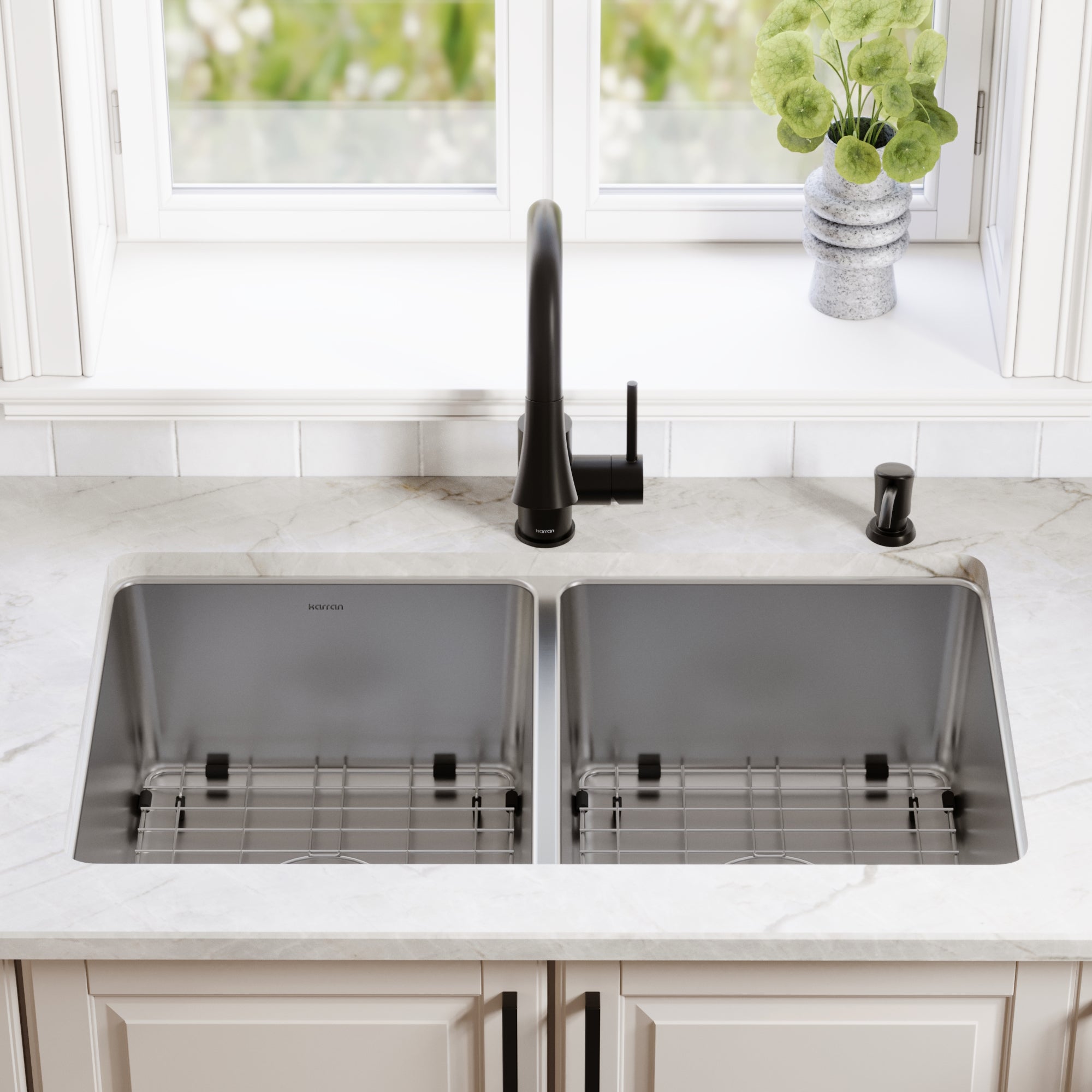 Karran lansen 32 stainless steel kitchen sink 50/50 double bowl lifestyle image