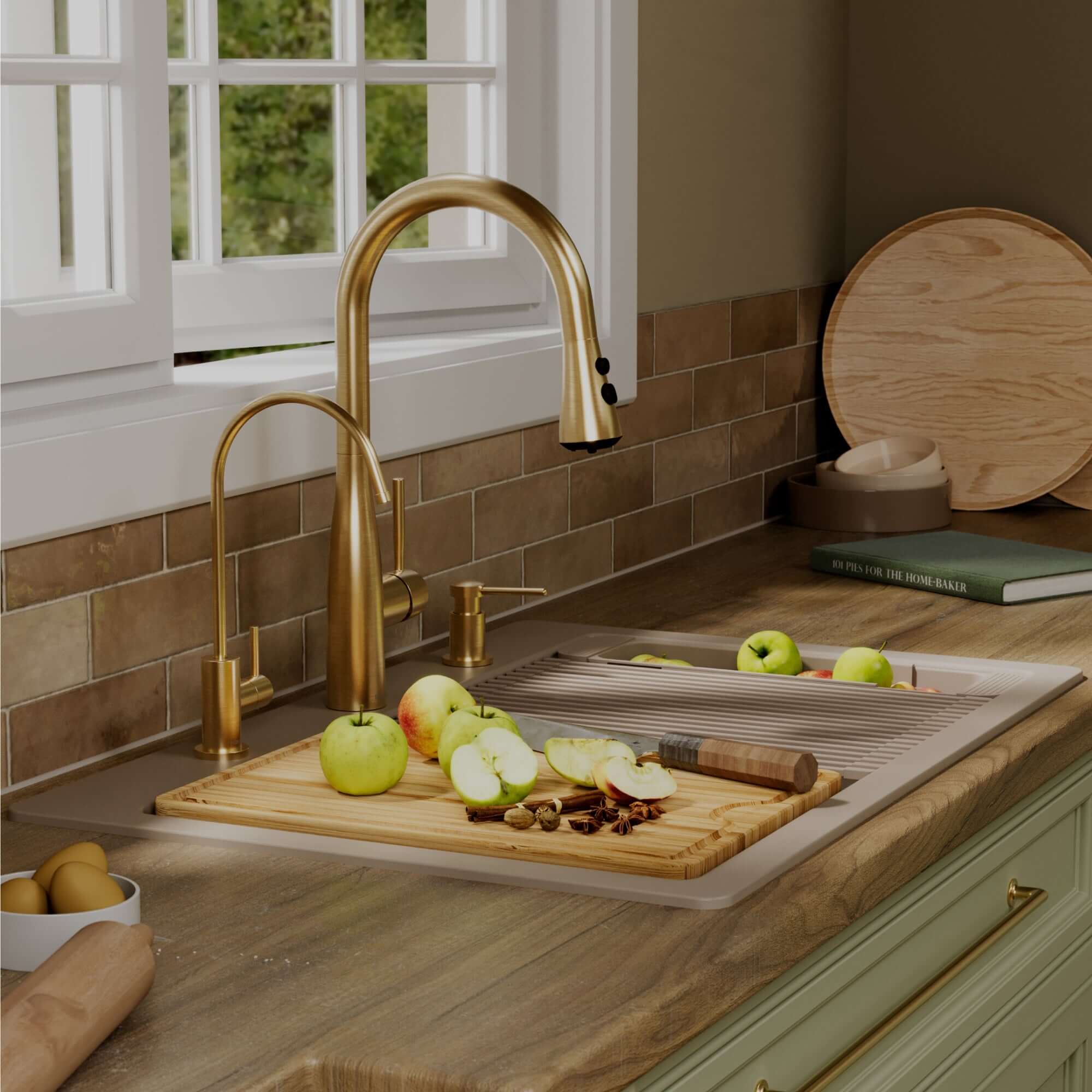 Karran 33 quartz composite workstation kitchen sink concrete lifestyle image
