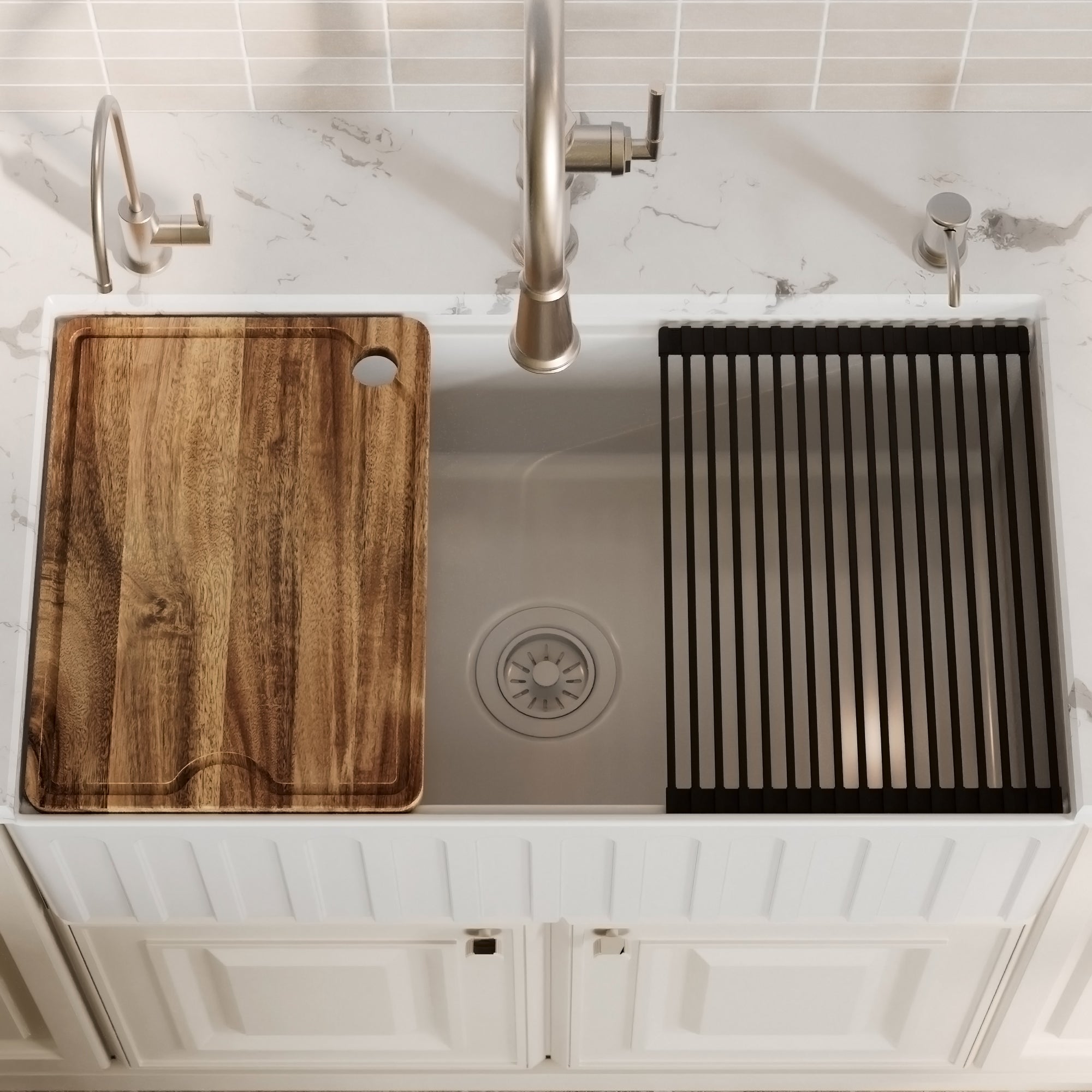 Alternative View of Karran Fireclay 33" Fireclay Workstation Farmhouse Sink with Accessories, White, FCWSF33SBWH-PK1
