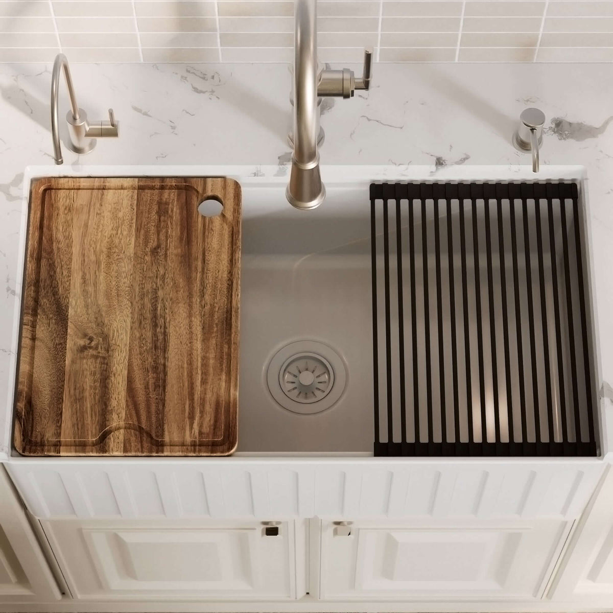 Alternative View of Karran Fireclay 33" Fireclay Workstation Farmhouse Sink with Accessories, White, FCWSF33SBWH-PK1
