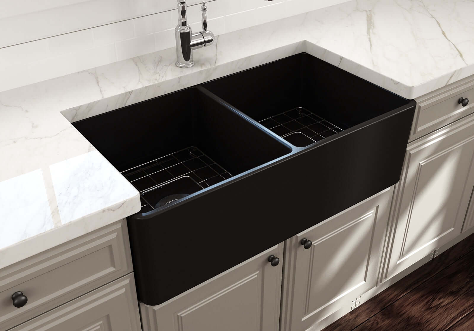 Alternate Image for BOCCHI Classico 33" Matte Black Fireclay Farmhouse Sink Kit with Matte Black Faucet and Accessories, 50/50 Double Bowl, 1139-004-2020MB