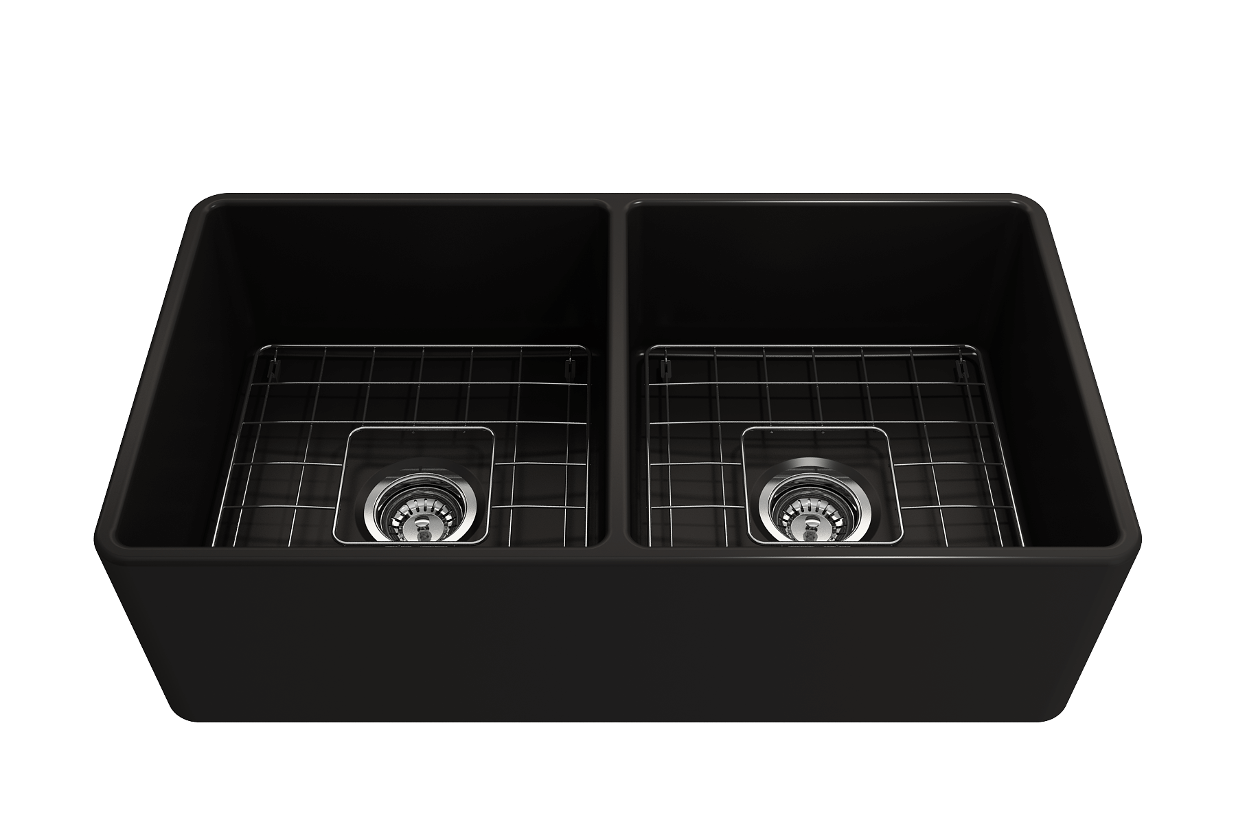 Alternate Image for BOCCHI Classico 33" Matte Black Fireclay Farmhouse Sink Kit with Matte Black Faucet and Accessories, 50/50 Double Bowl, 1139-004-2020MB