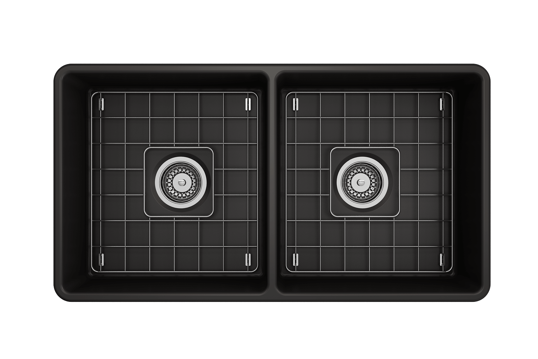 Alternate Image for BOCCHI Classico 33" Matte Black Fireclay Farmhouse Sink Kit with Matte Black Faucet and Accessories, 50/50 Double Bowl, 1139-004-2020MB