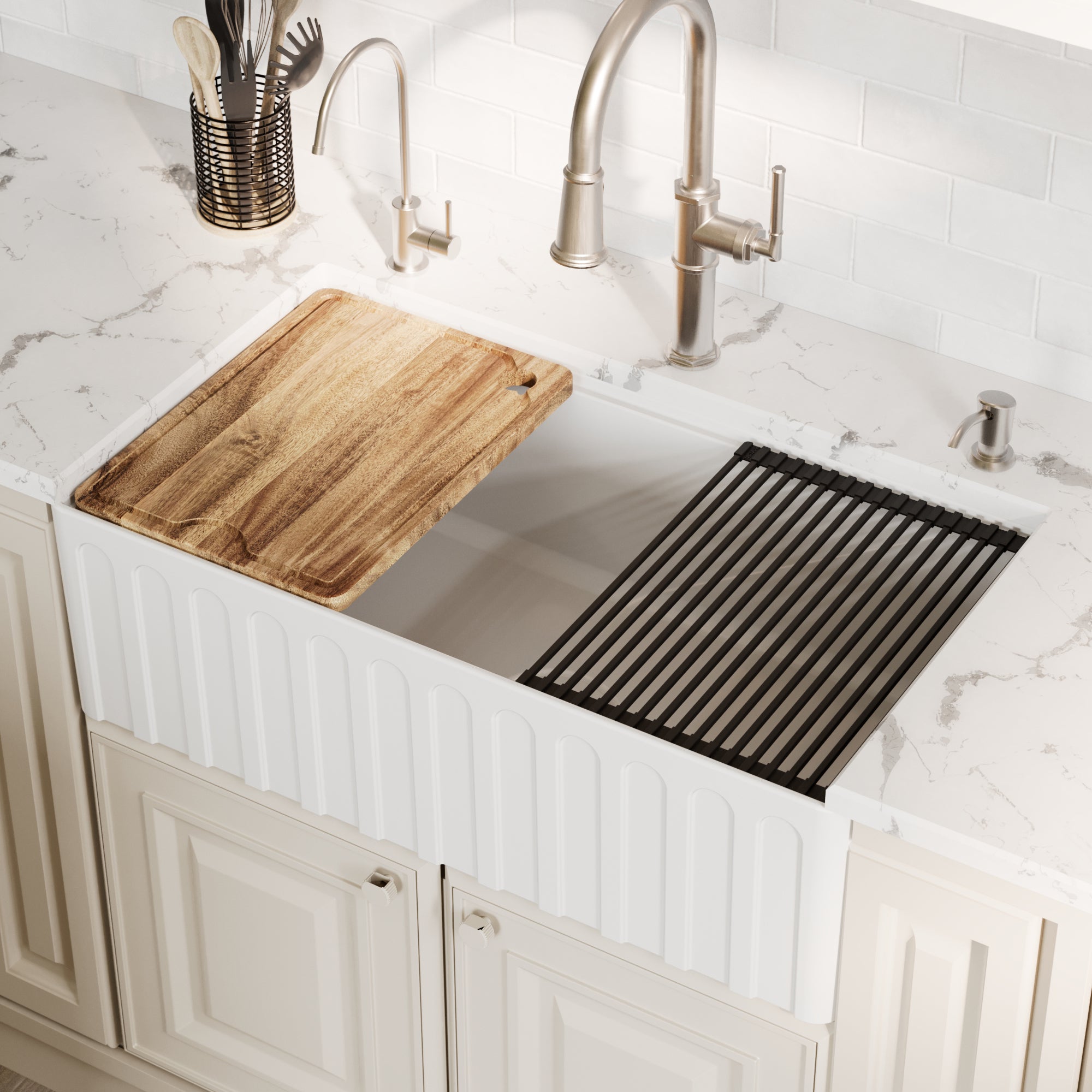 Alternative View of Karran Fireclay 33" Fireclay Workstation Farmhouse Sink with Accessories, White, FCWSF33SBWH-PK1