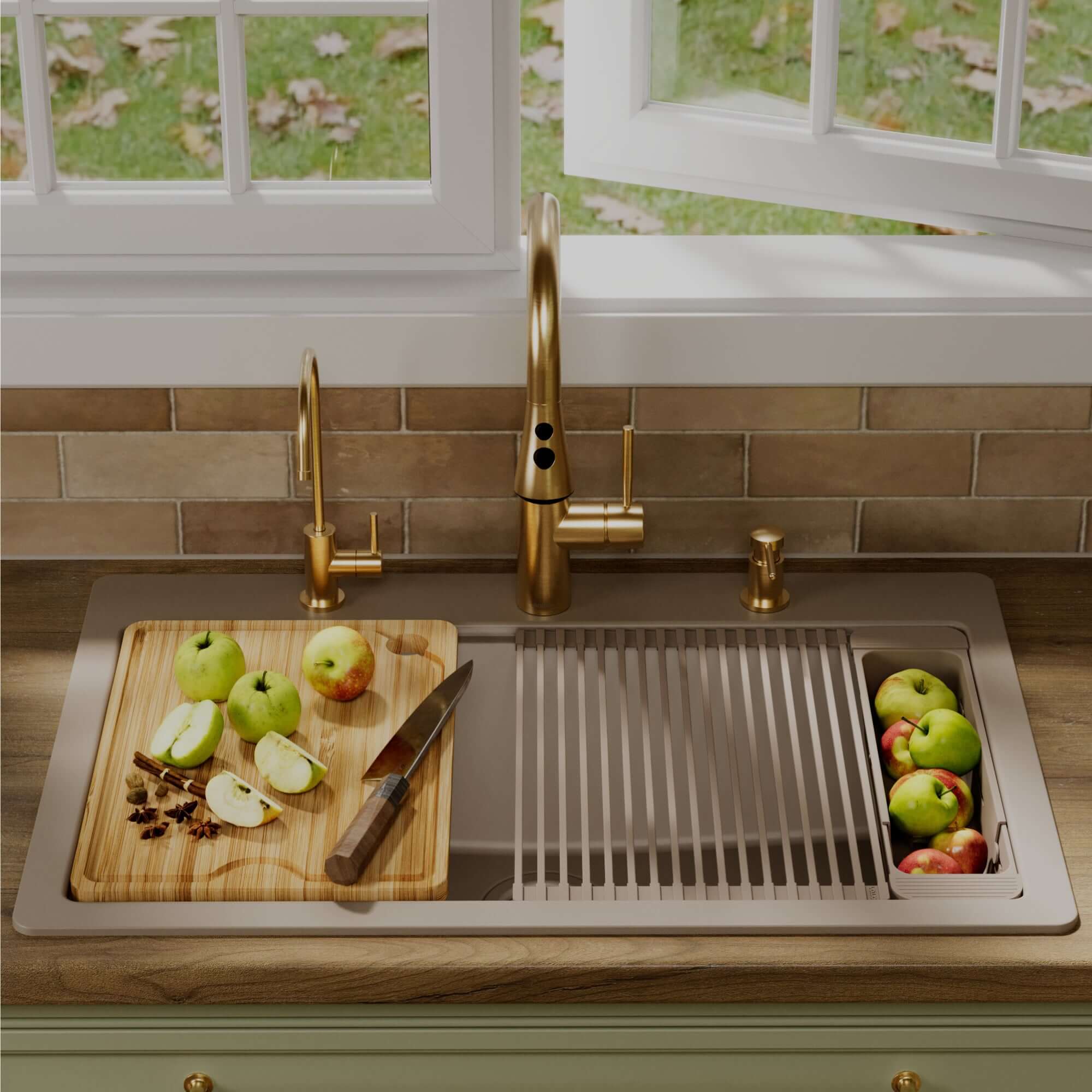 Karran 33 quartz composite workstation kitchen sink concrete lifestyle image