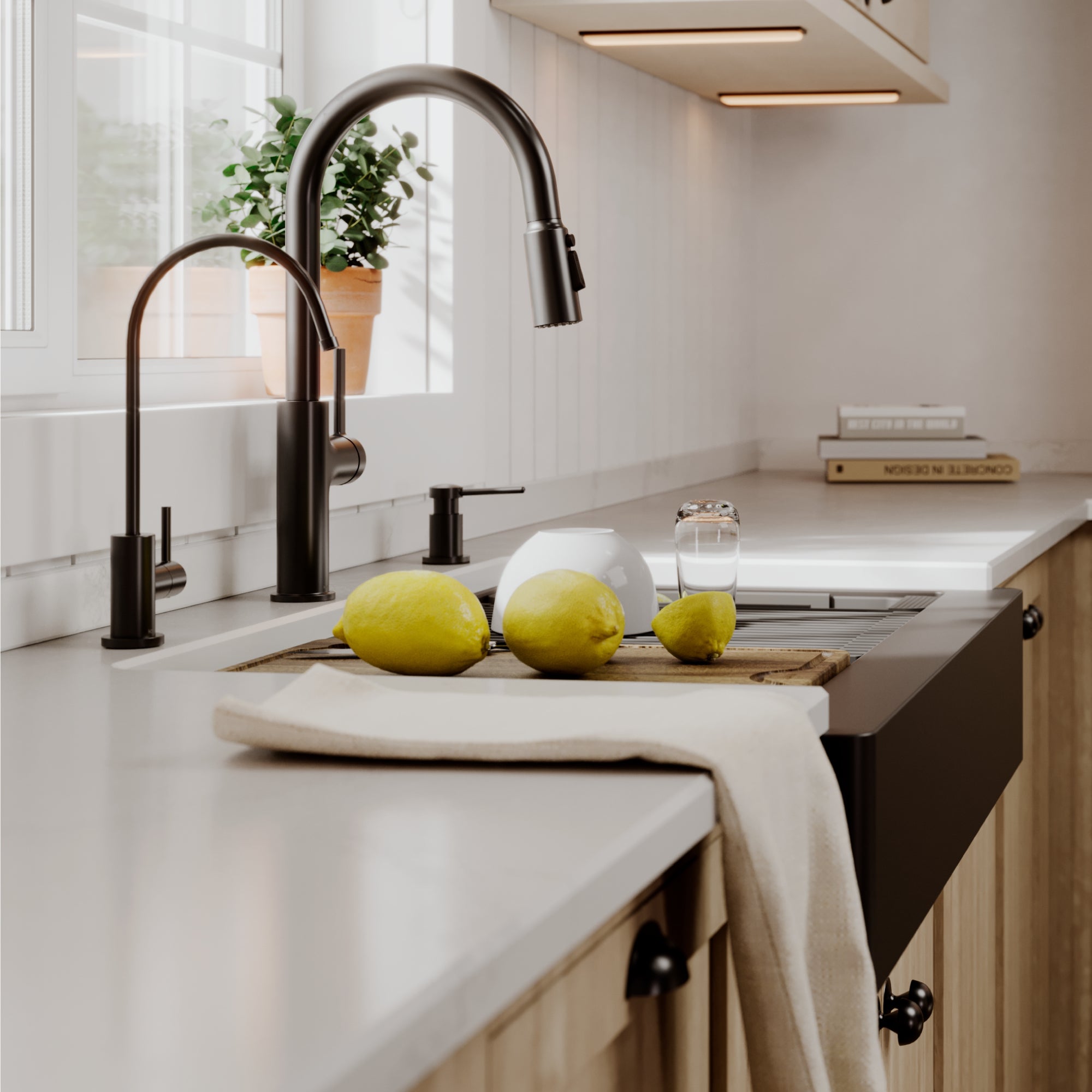 Karran 34 quartz composite retrofit workstation farmhouse sink black lifestyle image