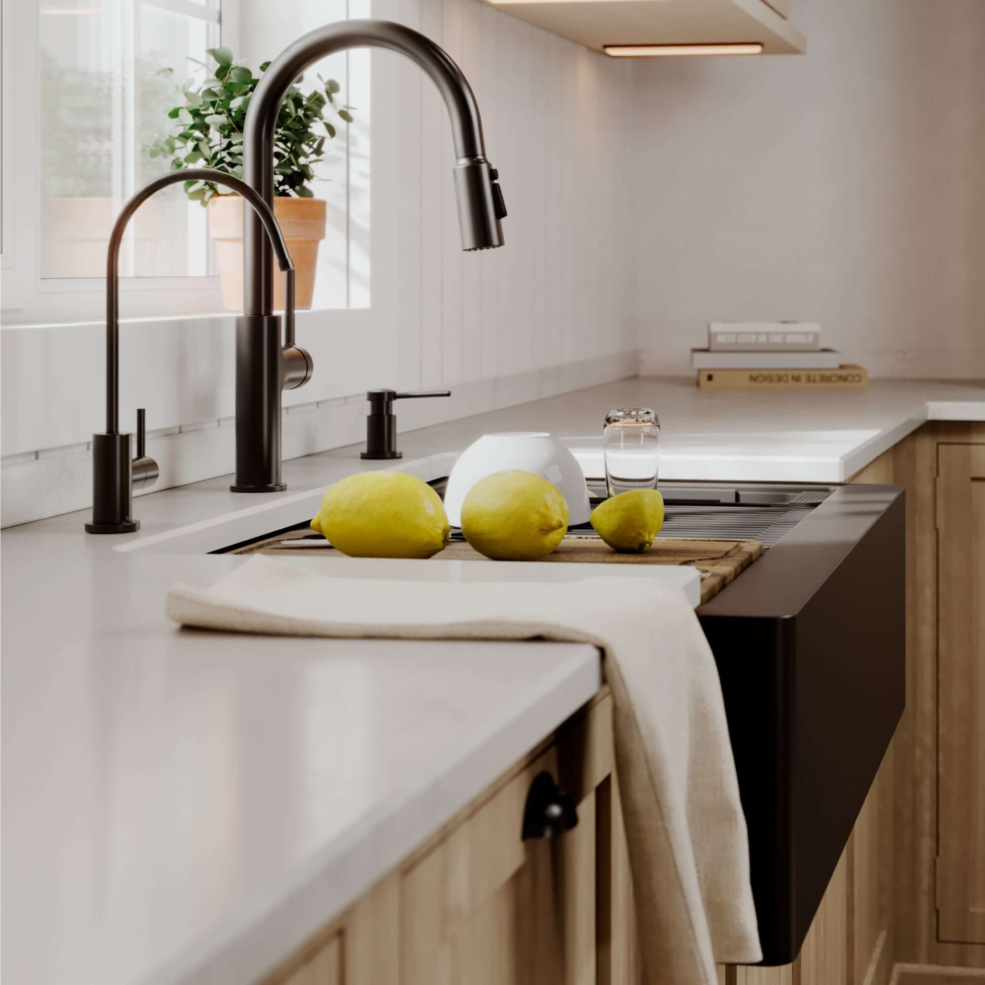 Karran 34 quartz composite workstation farmhouse sink black lifestyle image
