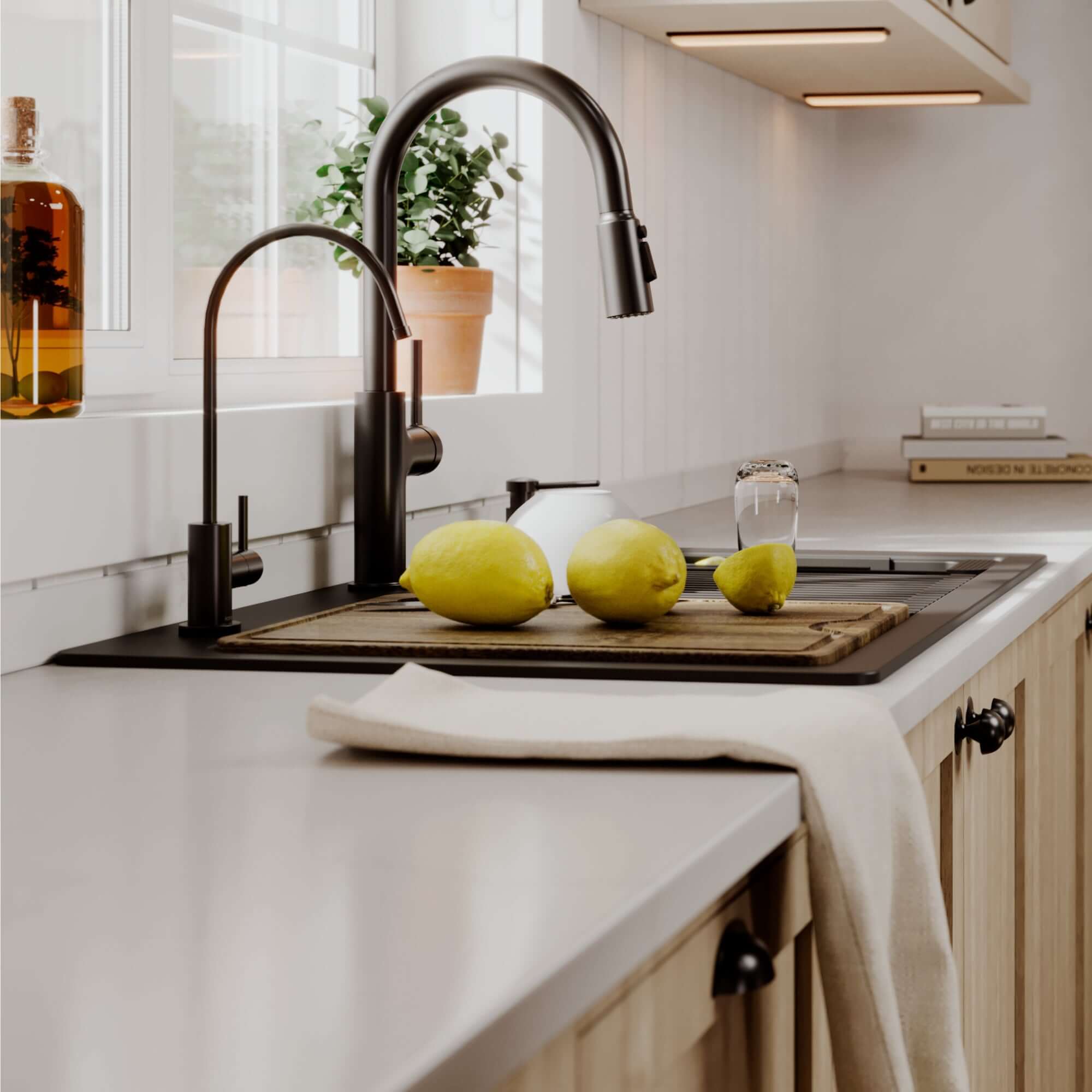 Karran 33 quartz composite workstation kitchen sink black lifestyle image