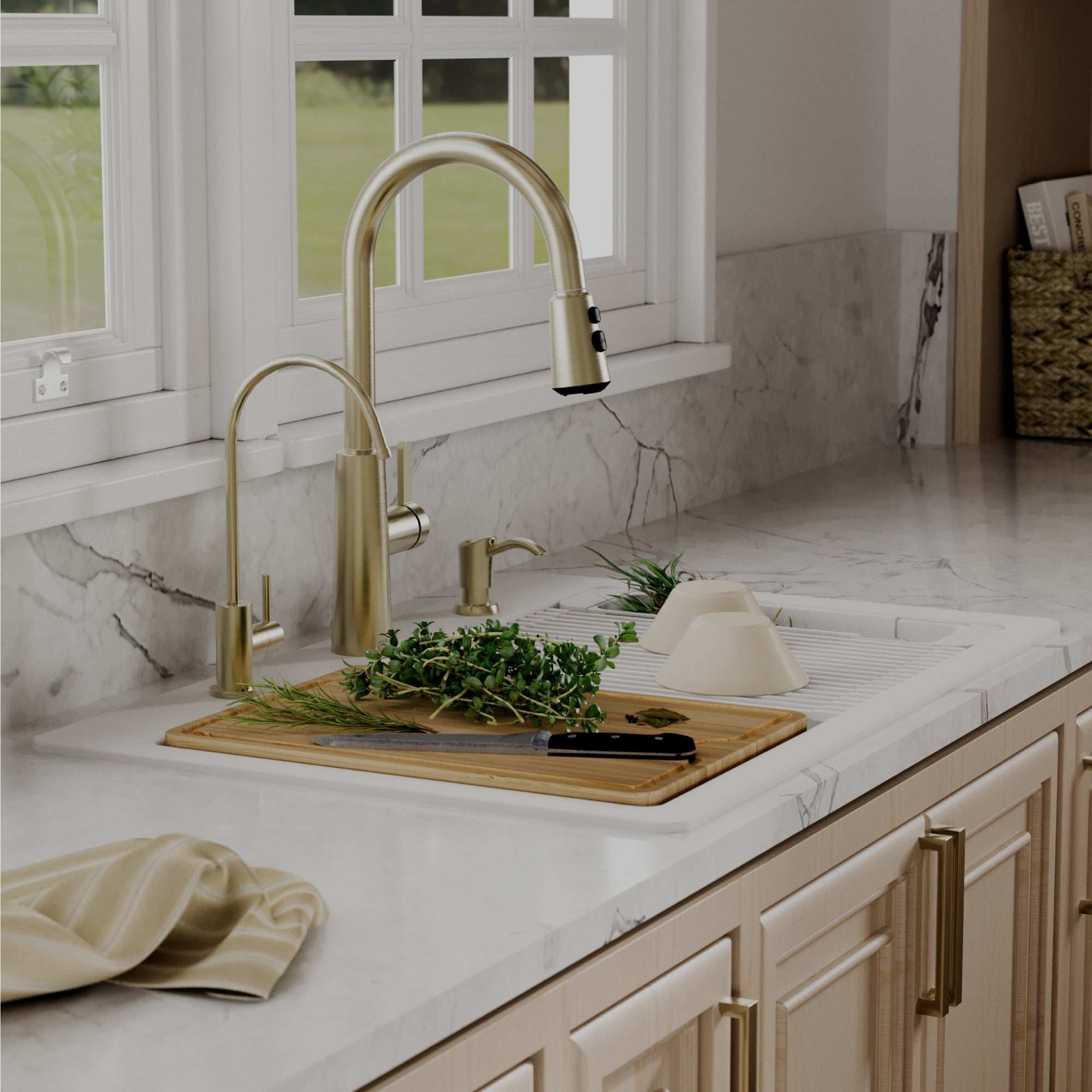 Karran 33 quartz composite workstation kitchen sink white lifestyle image