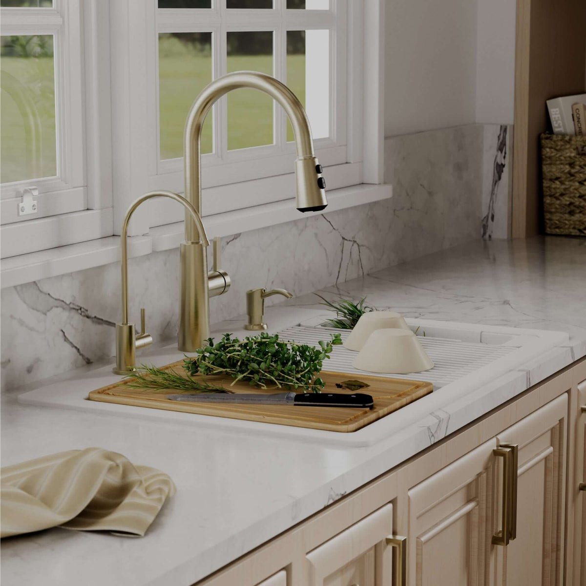 Karran 33 quartz composite workstation kitchen sink white lifestyle image