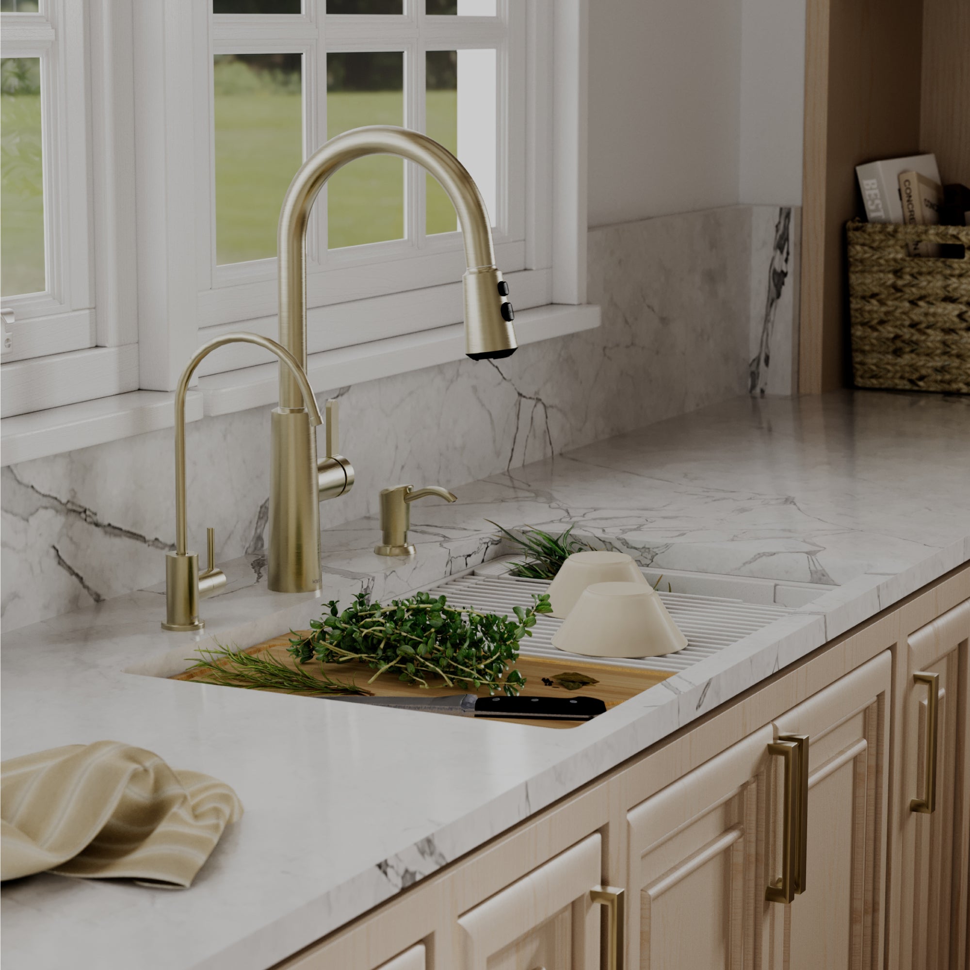 Karran 32 quartz composite workstation kitchen sink white lifestyle image