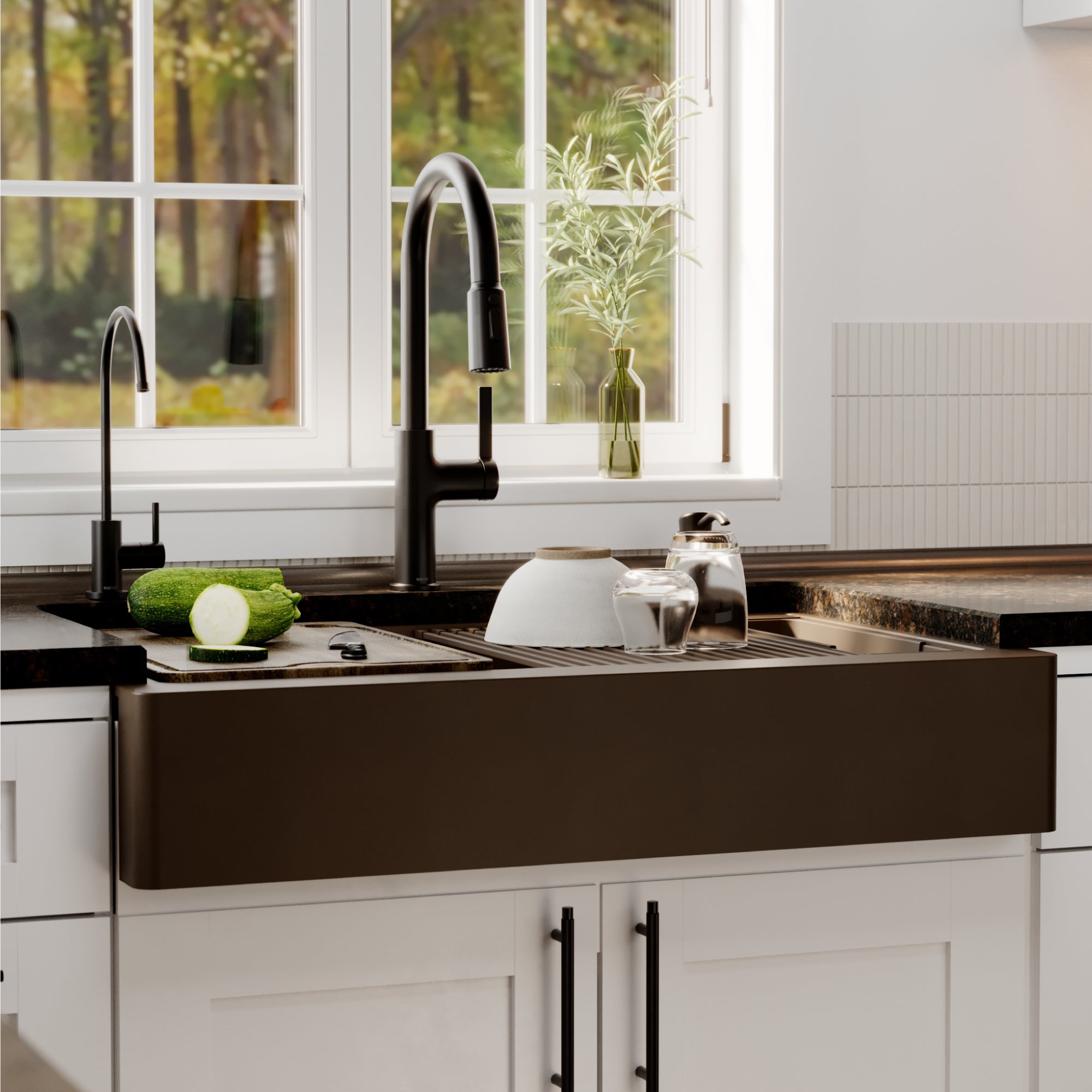 Karran 34 quartz composite retrofit workstation farmhouse sink brown lifestyle image