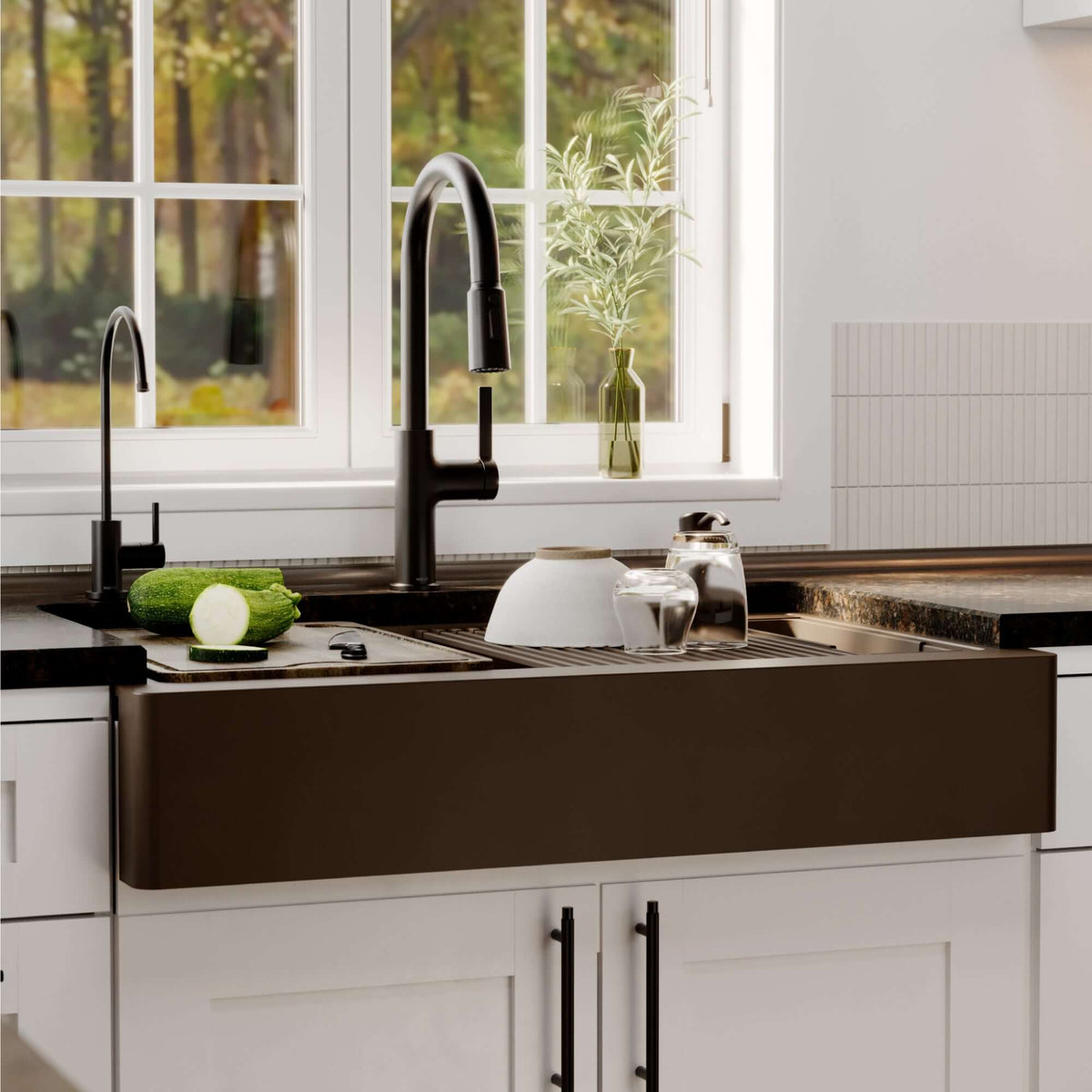 Karran 34 quartz composite retrofit workstation farmhouse sink brown lifestyle image