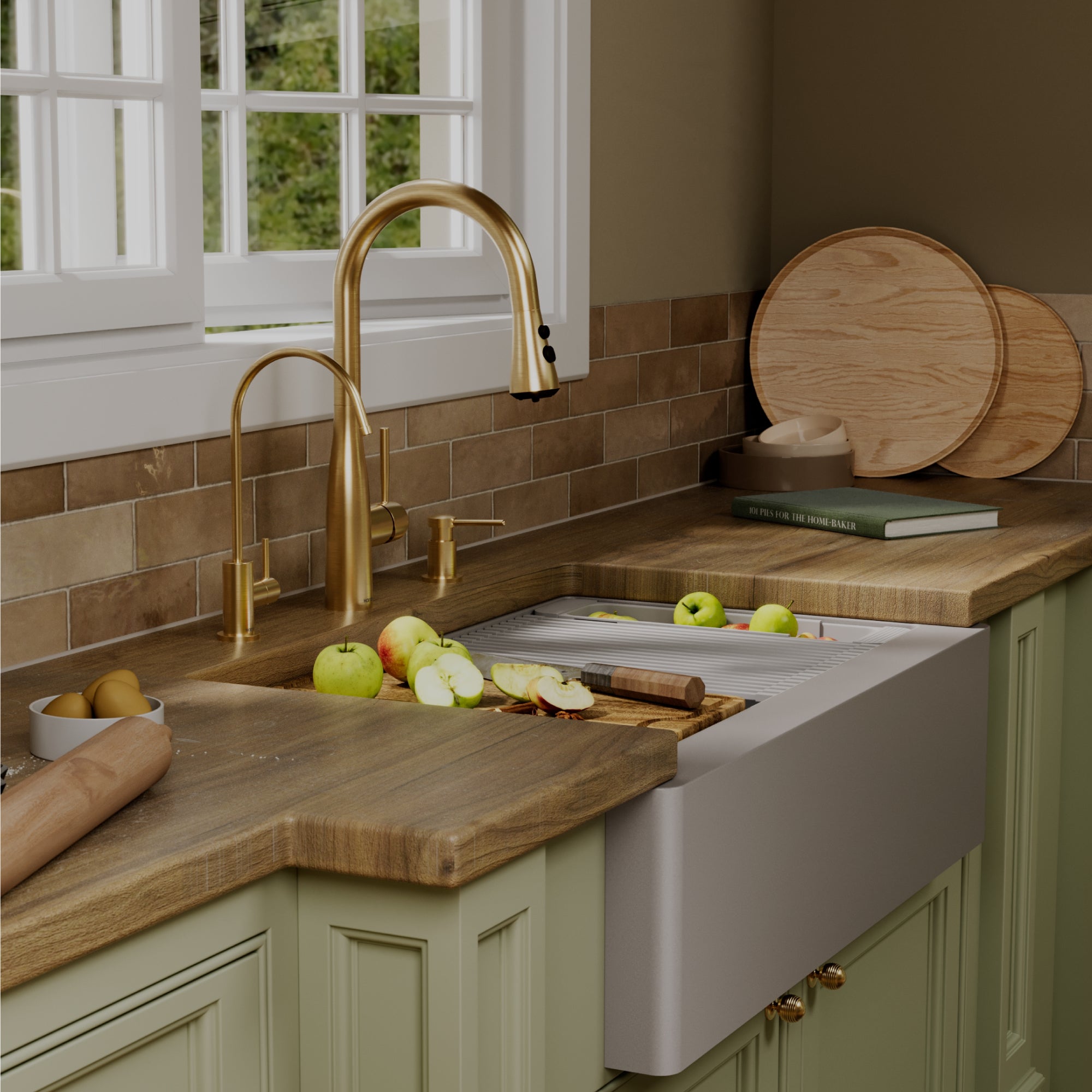 Karran 34 quartz composite workstation farmhouse sink grey lifestyle image