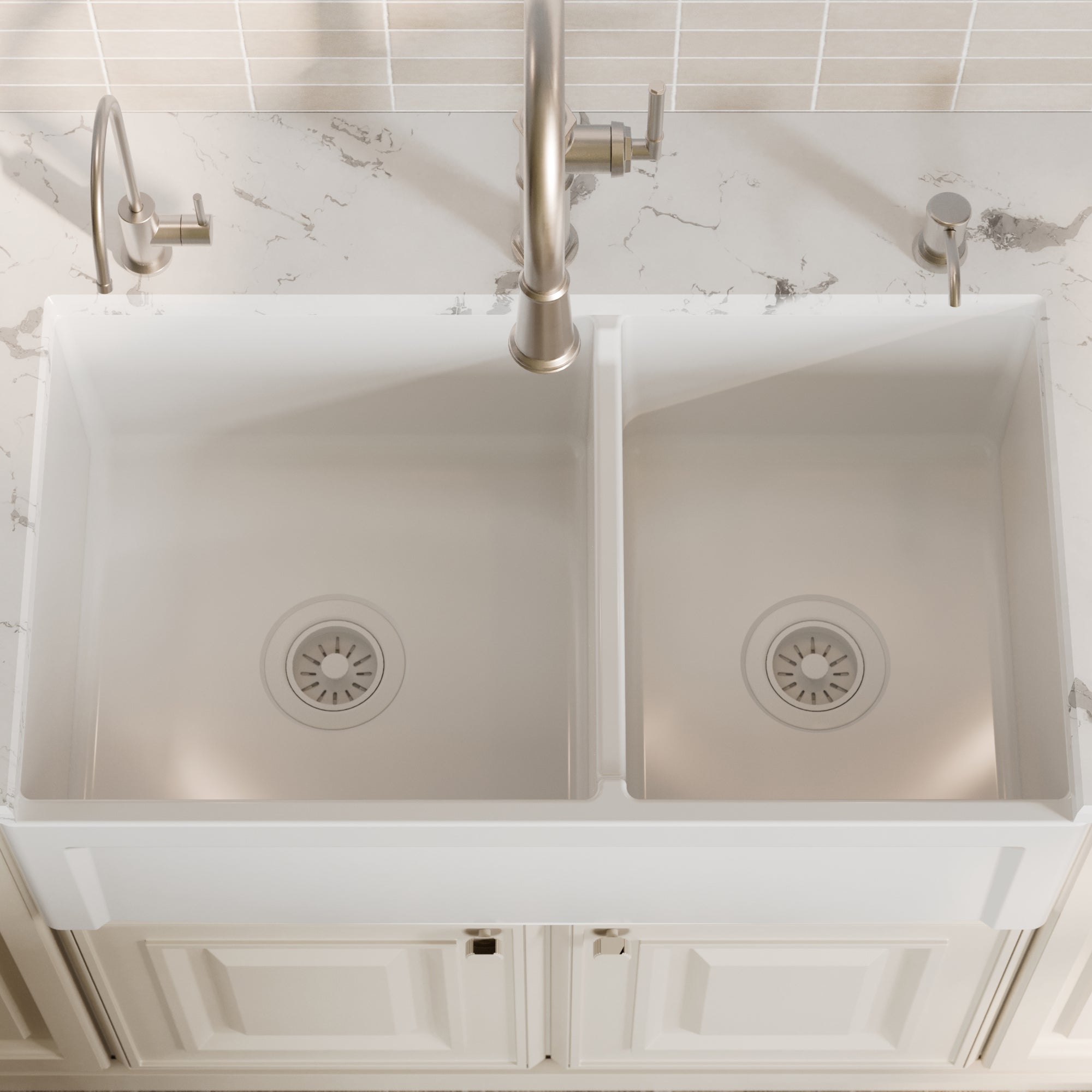 Alternative View of Karran Fireclay 33" Fireclay Farmhouse Sink with Accessories, 60/40 Double Bowl, White, FCP33DBWH