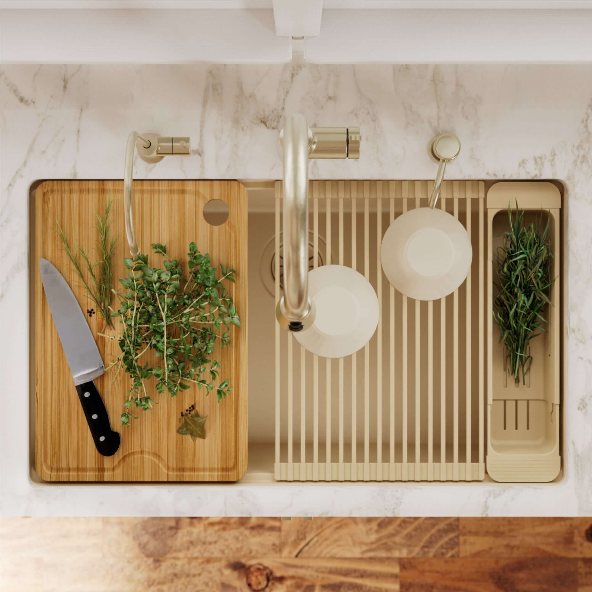 Karran 32 quartz composite workstation kitchen sink bisque lifestyle image