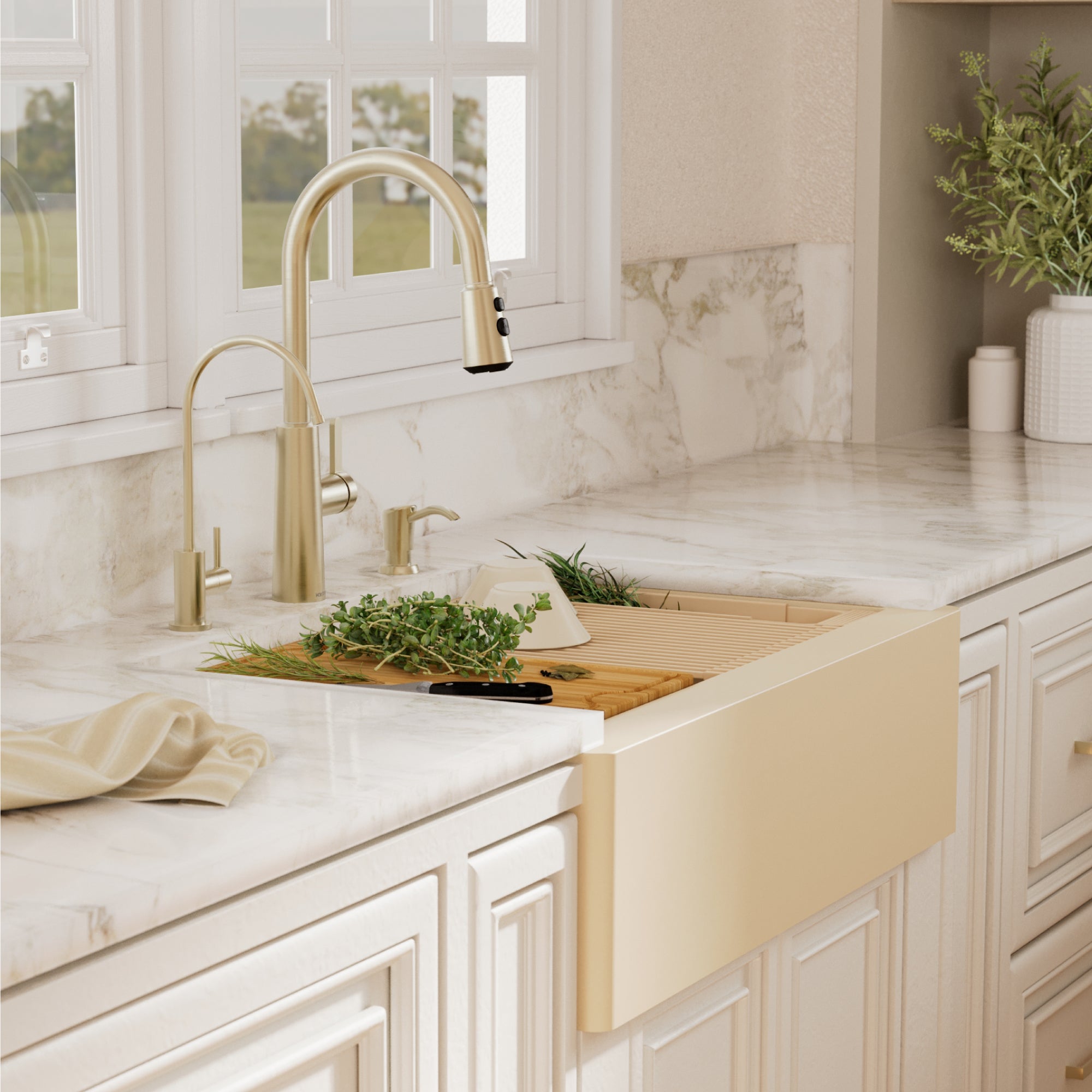 Karran 34 quartz composite workstation farmhouse sink bisque lifestyle image