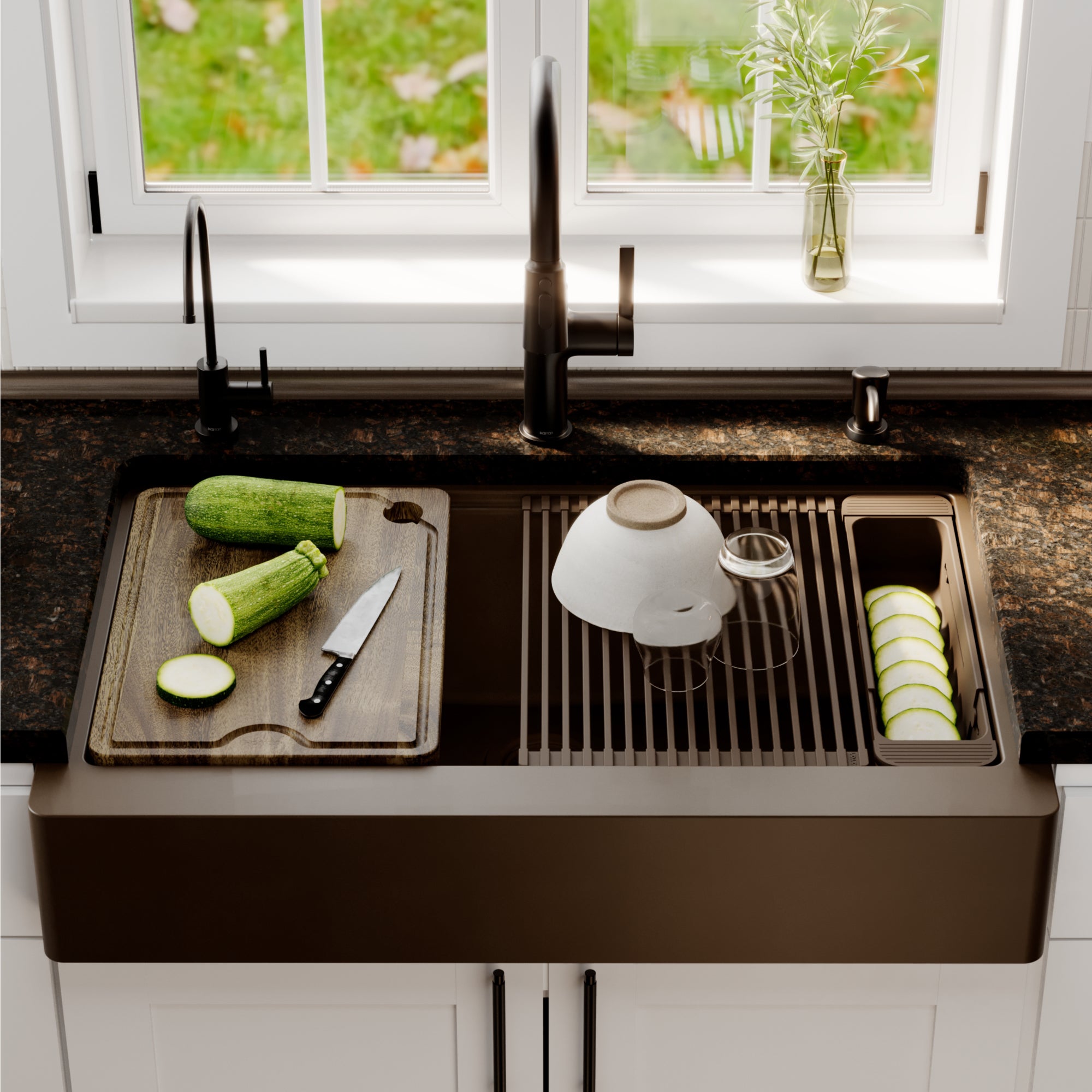 Karran 34 quartz composite retrofit workstation farmhouse sink brown lifestyle image