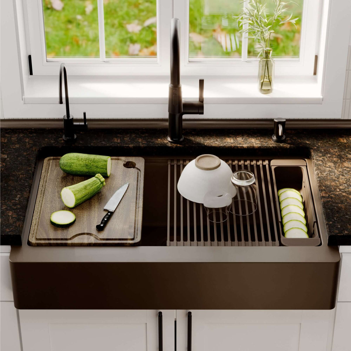Karran 34 quartz composite retrofit workstation farmhouse sink brown lifestyle image