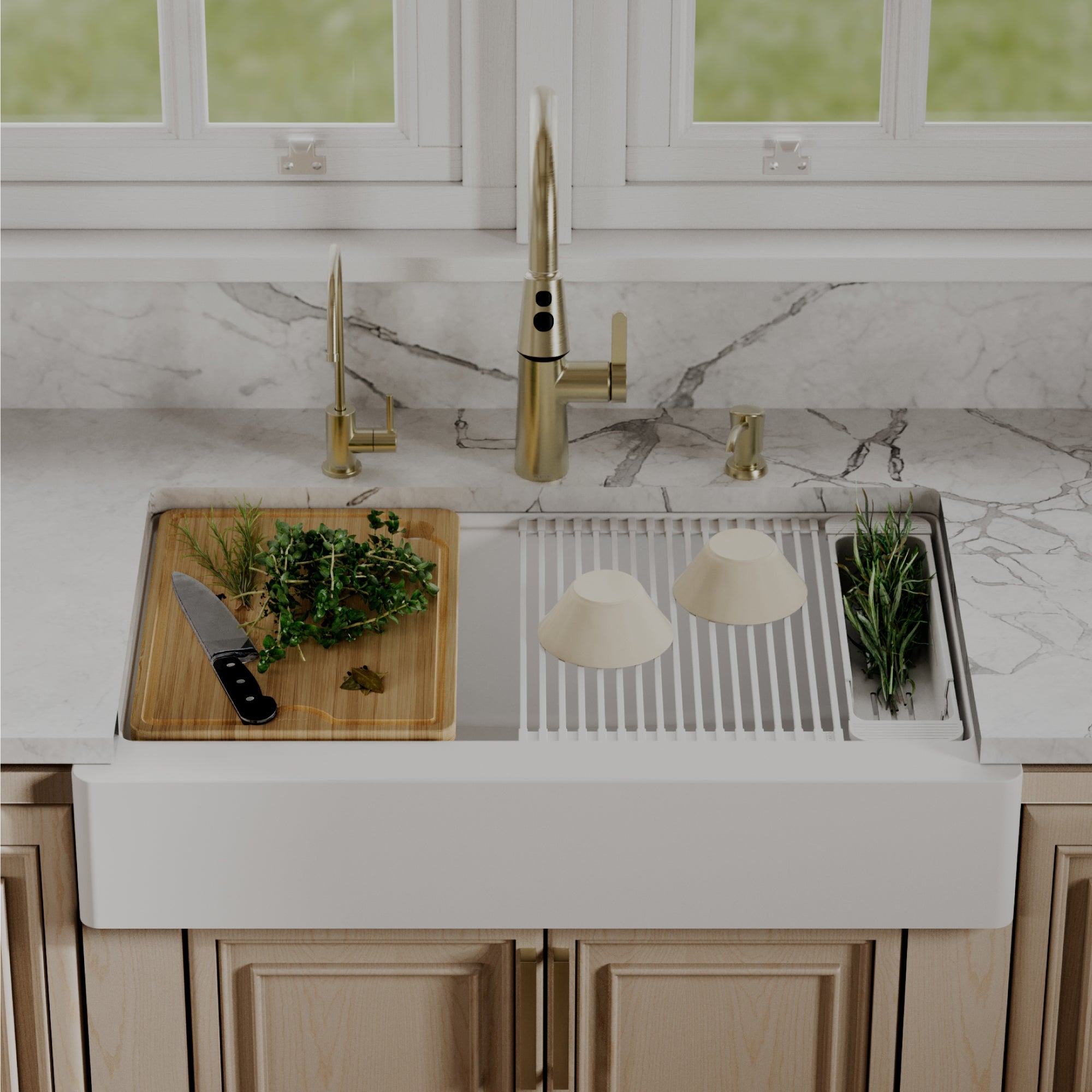 Karran 34 quartz composite retrofit workstation farmhouse sink white lifestyle image