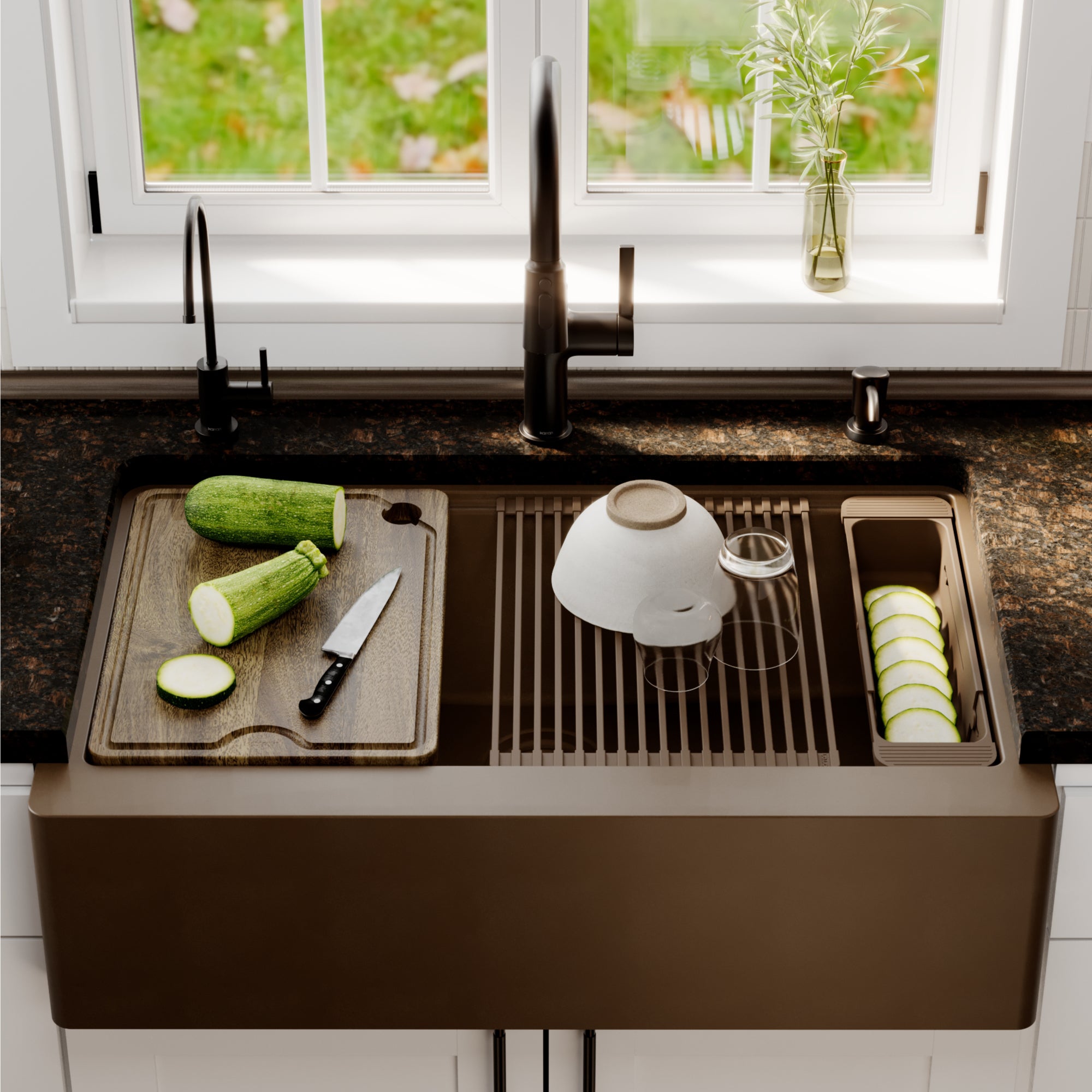 Karran 34 quartz composite workstation farmhouse sink brown lifestyle image